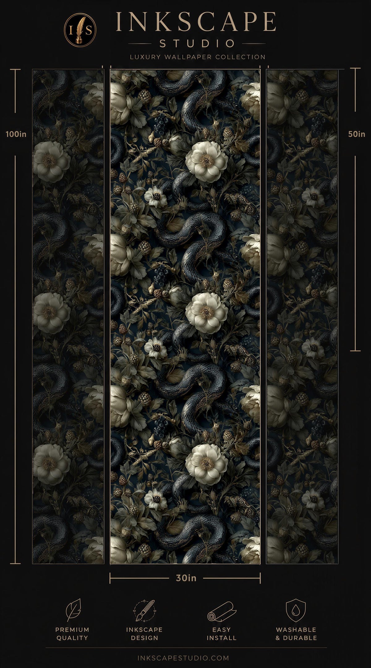 The image is a collage of three vertical panels, each featuring a floral pattern with a snake design. The panels are titled "INScape Studio" and "LUXURY WALLPAPER COLLECTION". The panels are described as "Premium quality" and "Easy to install". The image is described as a "30in" size and is "WASHABLE & DURABLE".
