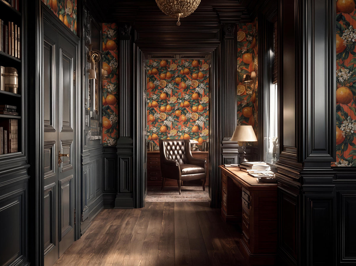 a luxurious and ornate hallway with dark wood paneling, a chandelier, and a patterned wallpaper featuring oranges and other fruits. The hallway is furnished with a leather armchair, a wooden desk, and a bookshelf, creating a sophisticated and elegant atmosphere.