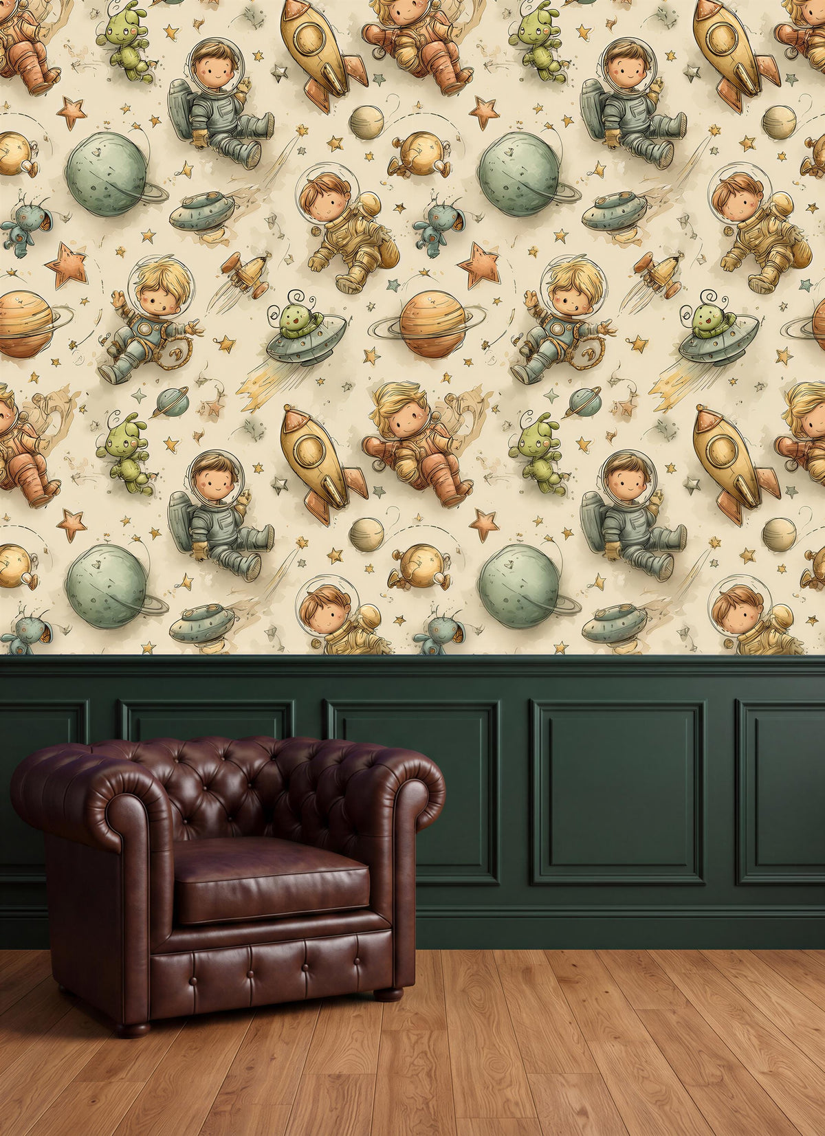 a wallpaper with a space theme, including various celestial objects and people in astronaut suits. There is a brown leather armchair in the foreground, and the background has a green wall with a panel design.