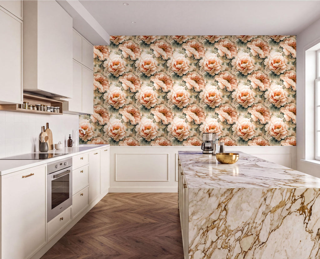 a modern kitchen with a large floral wallpaper on the wall behind the marble countertop. The kitchen features white cabinets, a marble countertop, and a stainless steel oven.