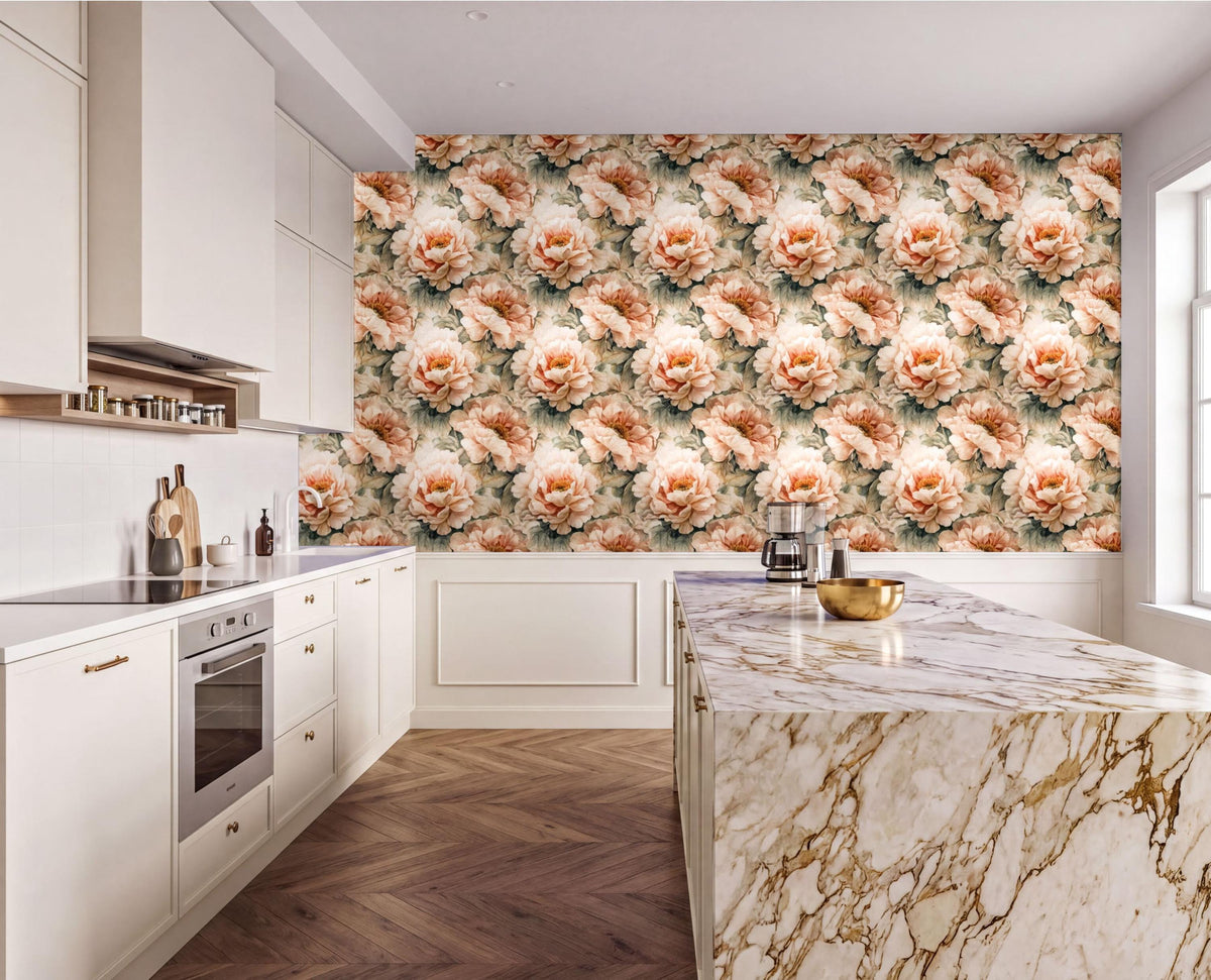 a modern kitchen with a large floral wallpaper on the wall behind the marble countertop. The kitchen features white cabinets, a marble countertop, and a stainless steel oven.