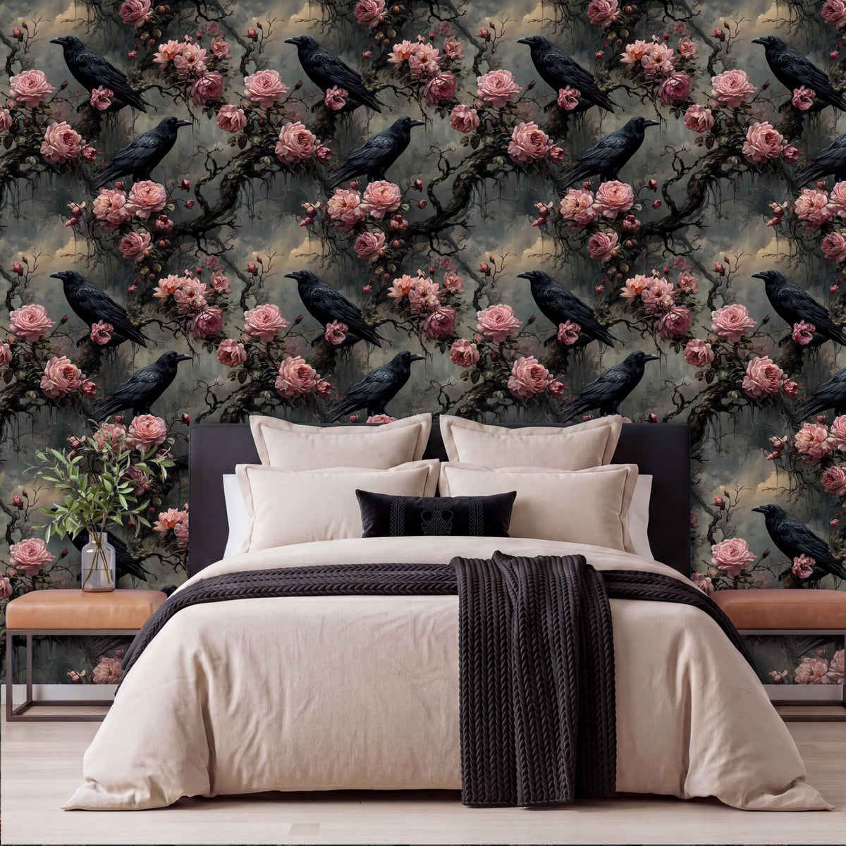 a bedroom with a large floral wallpaper behind the bed. The wallpaper has a dark color scheme with pink and black flowers. The bed is dressed in white linens and has a black throw blanket. There are also two nightstands on either side of the bed, and a vase of flowers is placed on one of the nightstands.