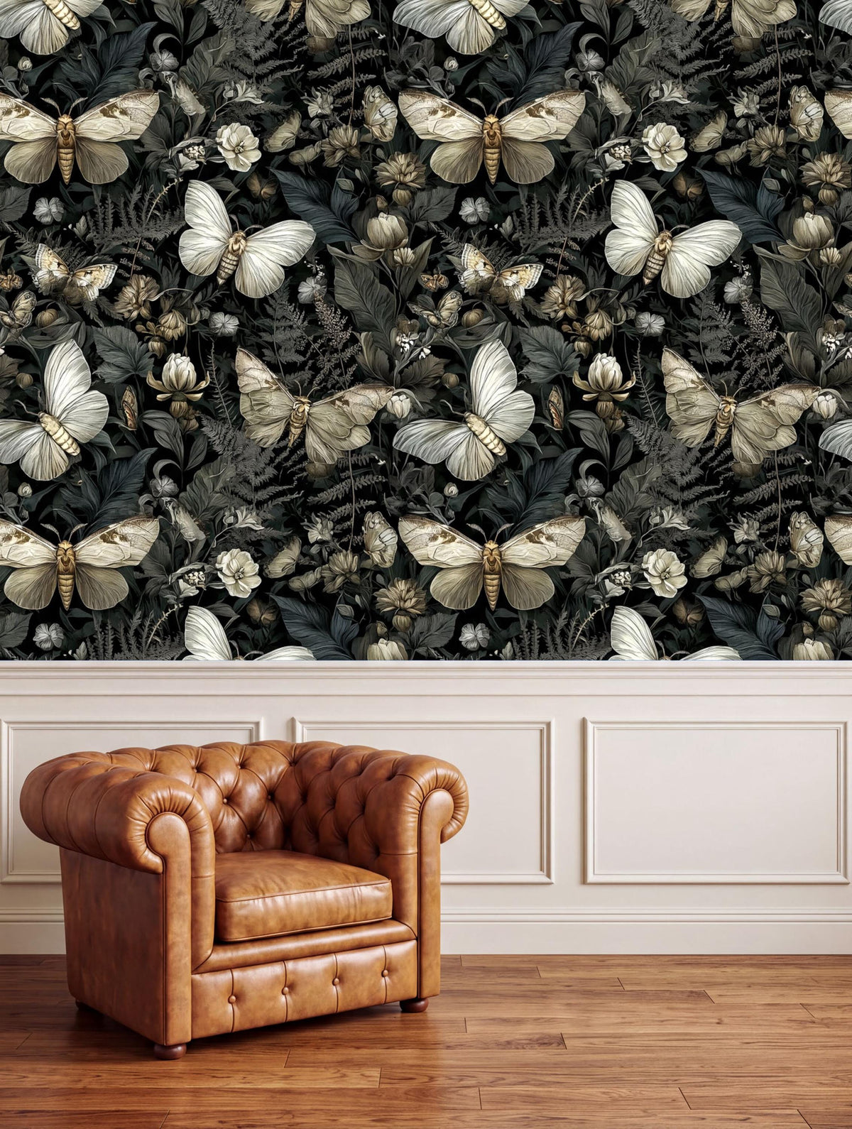 a brown leather armchair positioned in front of a wall with a repeating pattern of butterflies and ferns.