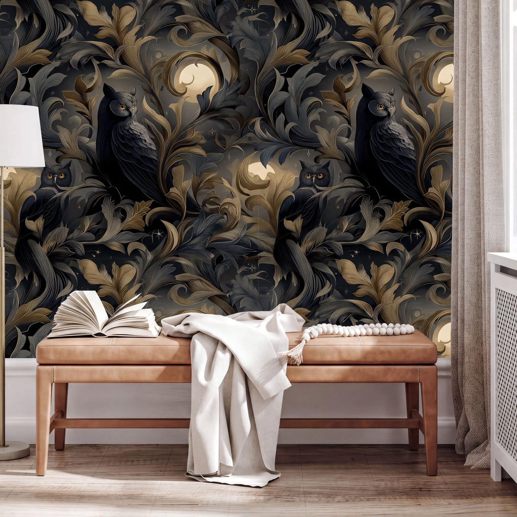 a dark, ornate wallpaper with a floral pattern, and a wooden bench with an open book and a white blanket on it.