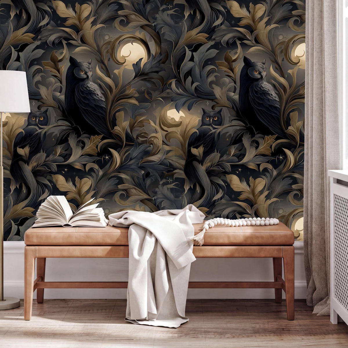 a dark, ornate wallpaper with a floral pattern, and a wooden bench with an open book and a white blanket on it.