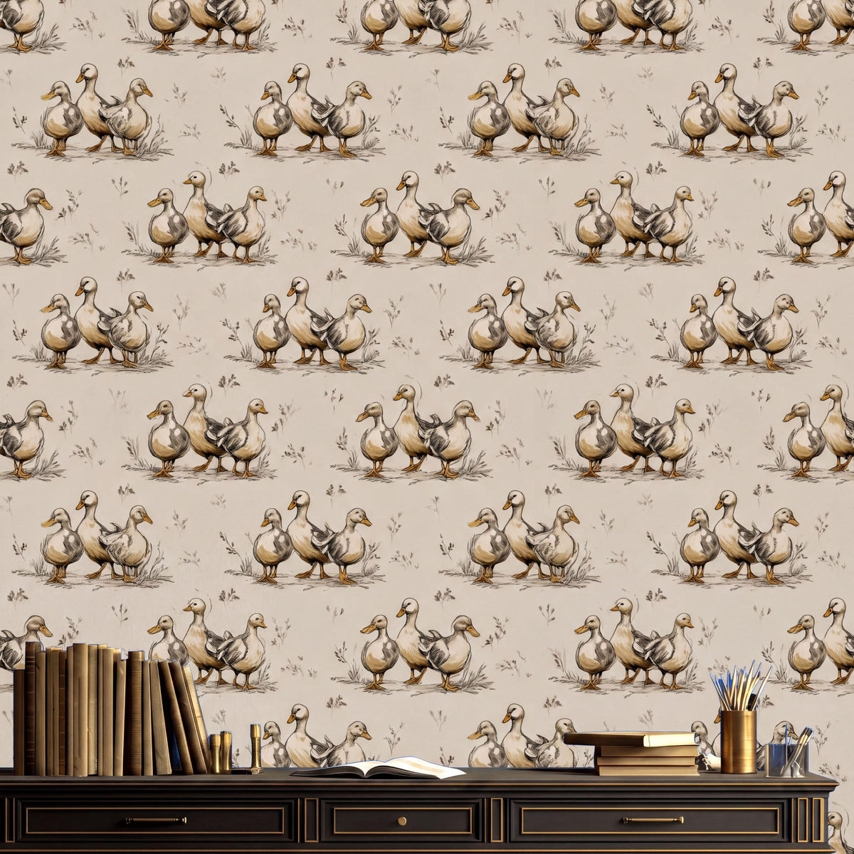 a wallpapered wall with a repeating pattern of ducks, along with a wooden desk and various items such as books and a vase.