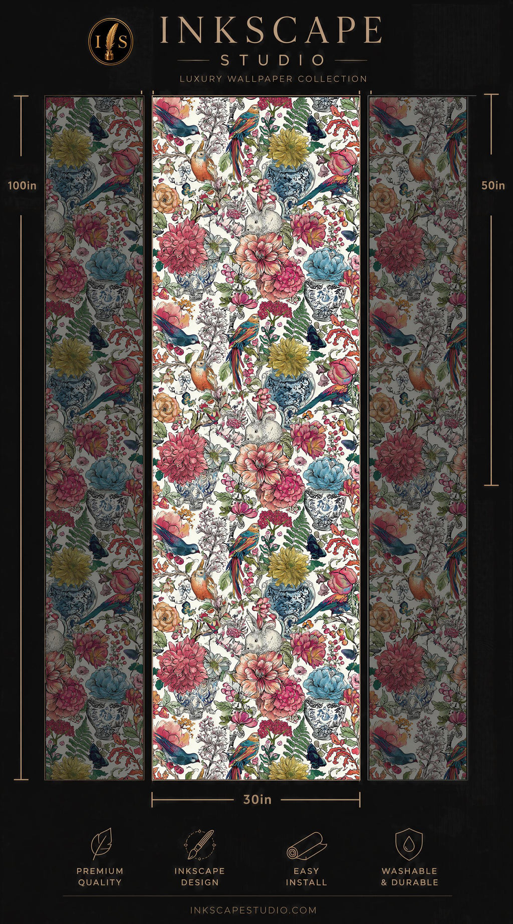 The image is a collage of three panels, each featuring a vibrant floral pattern in various colors and designs. The panels are arranged in a vertical format, with the largest panel at the top and the smallest at the bottom. The image is described as a "Premium Wallpaper Collection" from the "Inkscape Studio" and is labeled as a "30in" size. The panels are also described as "Easy to Install" and "Washable & Durable".