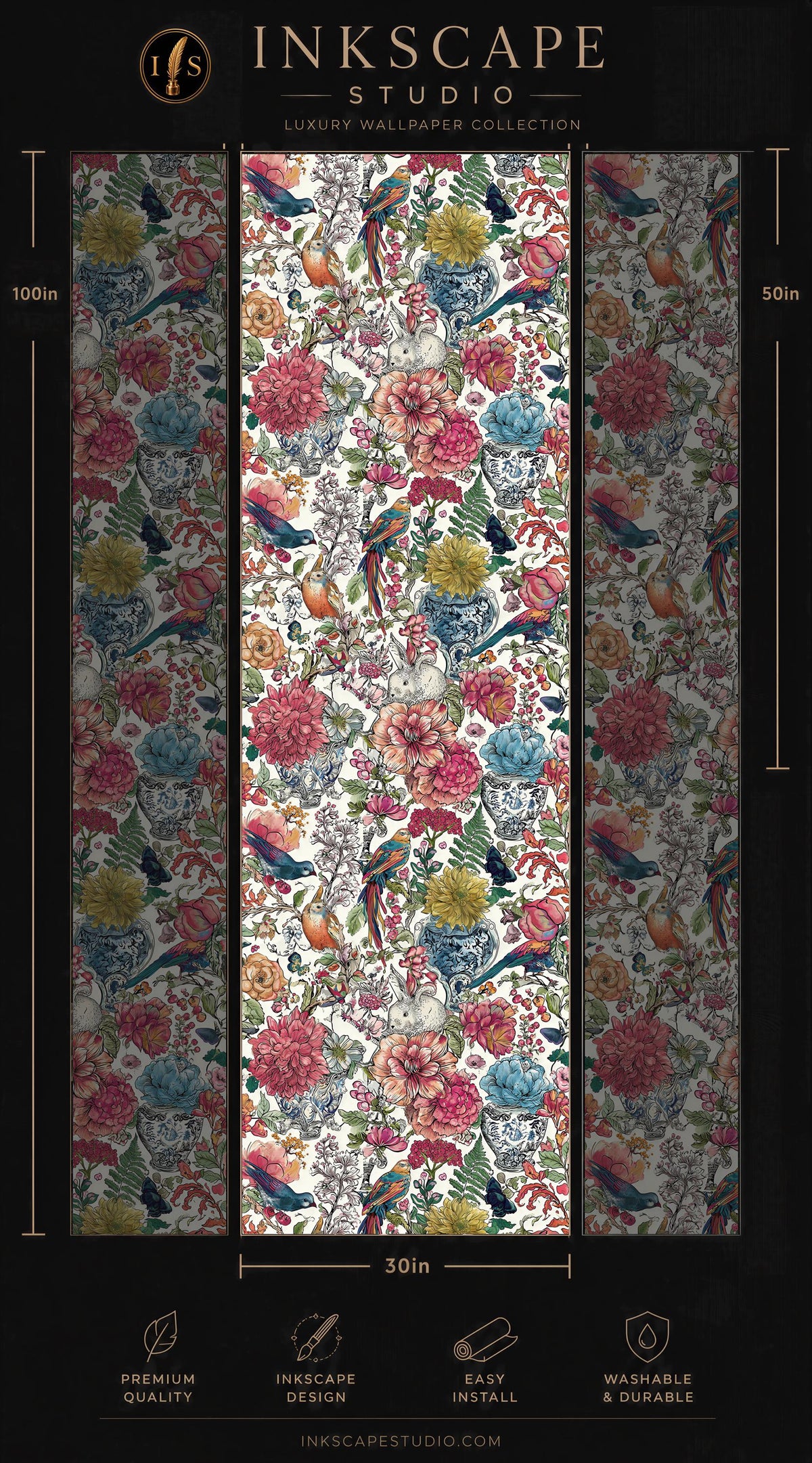 The image is a collage of three panels, each featuring a vibrant floral pattern in various colors and designs. The panels are arranged in a vertical format, with the largest panel at the top and the smallest at the bottom. The image is described as a "Premium Wallpaper Collection" from the "Inkscape Studio" and is labeled as a "30in" size. The panels are also described as "Easy to Install" and "Washable & Durable".