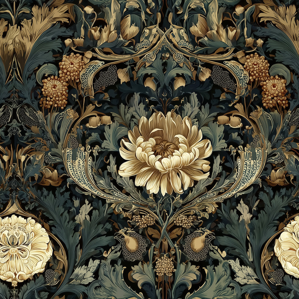 The image is a detailed and intricate floral pattern with a variety of flowers and leaves in shades of gold, green, and brown. The pattern features a central flower surrounded by smaller flowers and leaves, creating a sense of depth and complexity. The overall design is ornate and visually striking, with the use of gold, green, and brown colors adding to the richness of the image.