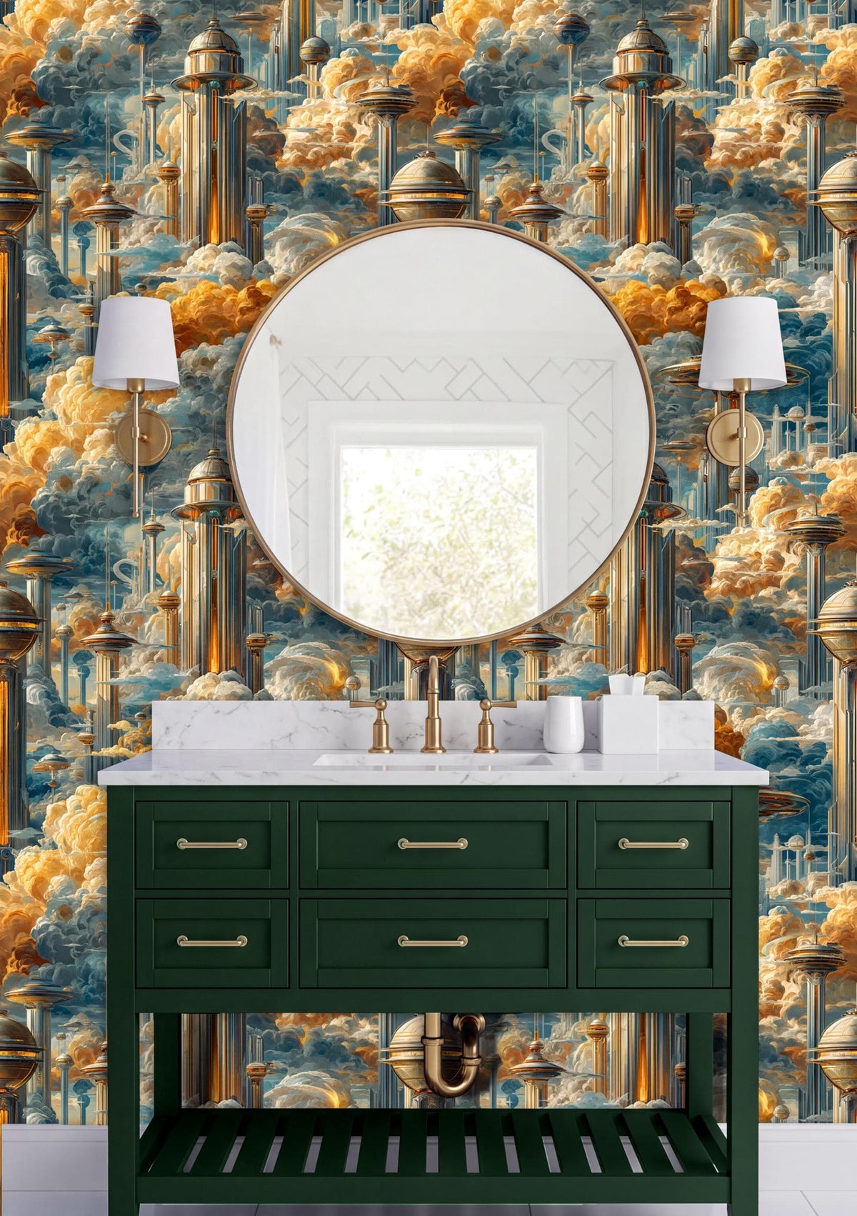 a bathroom vanity with a green cabinet and a round mirror above it, set against a vibrant wallpaper with a cloud-like pattern in shades of orange, blue, and gold.