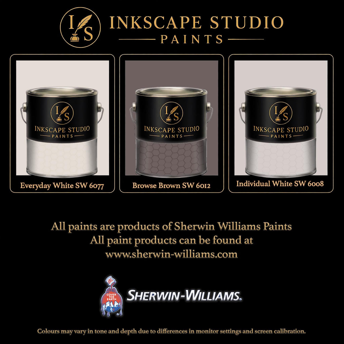 The image is an advertisement for Sherwin Williams paints, featuring three different paint cans with the company's logo.