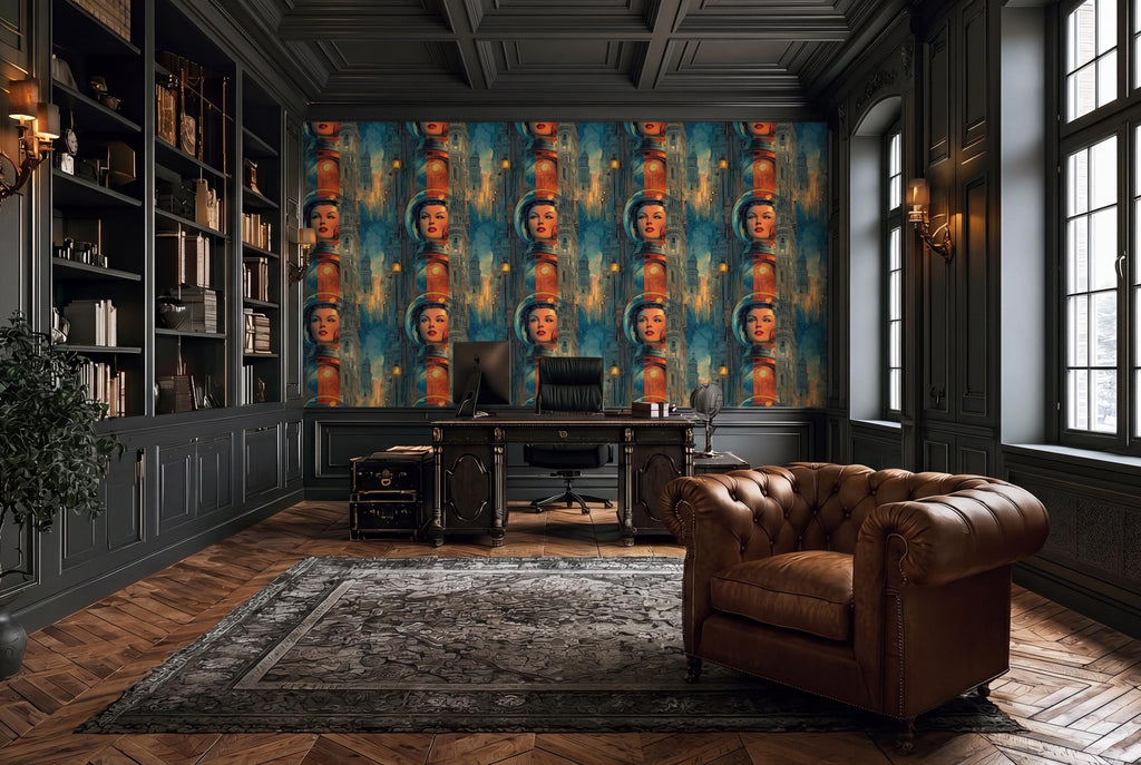 a luxurious and well-appointed home office with a large, colorful mural featuring multiple portraits of women on the wall. The room is furnished with a tufted leather armchair, a wooden desk, and a large rug on the floor. The space is illuminated by natural light coming through the windows, creating a warm and inviting atmosphere.