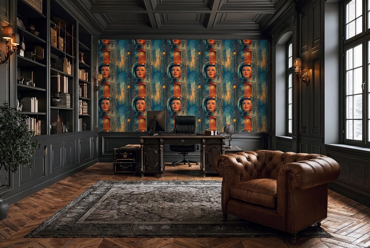 a luxurious and well-appointed home office with a large, colorful mural featuring multiple portraits of women on the wall. The room is furnished with a tufted leather armchair, a wooden desk, and a large rug on the floor. The space is illuminated by natural light coming through the windows, creating a warm and inviting atmosphere.