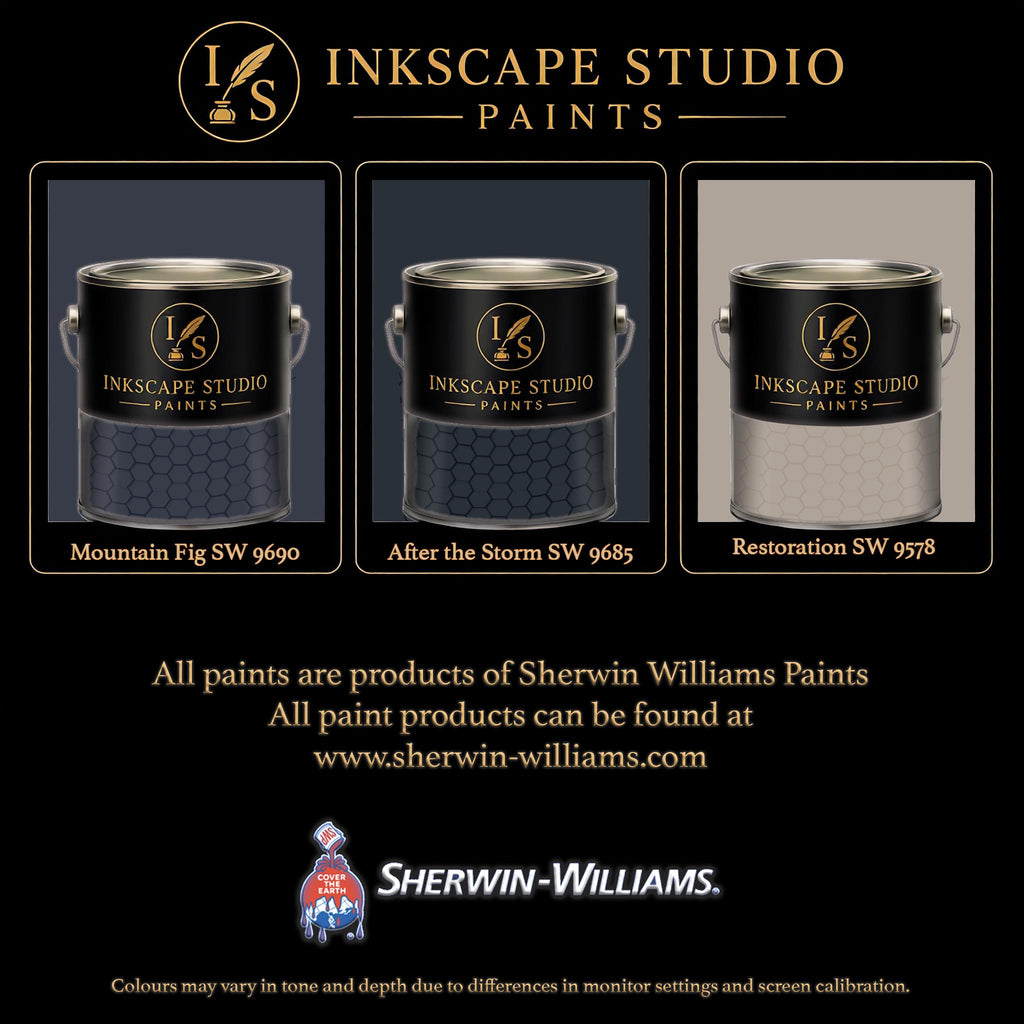 The image is an advertisement for Sherwin Williams paints, featuring three different paint colors from the Inkscape Studio Paints collection.