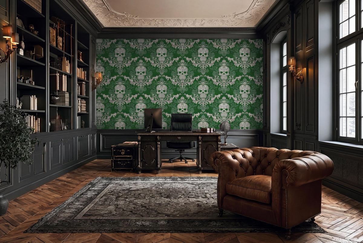 a luxurious and elegant home office with a large green skull wallpaper, a brown leather armchair, a wooden desk, and a large window.
