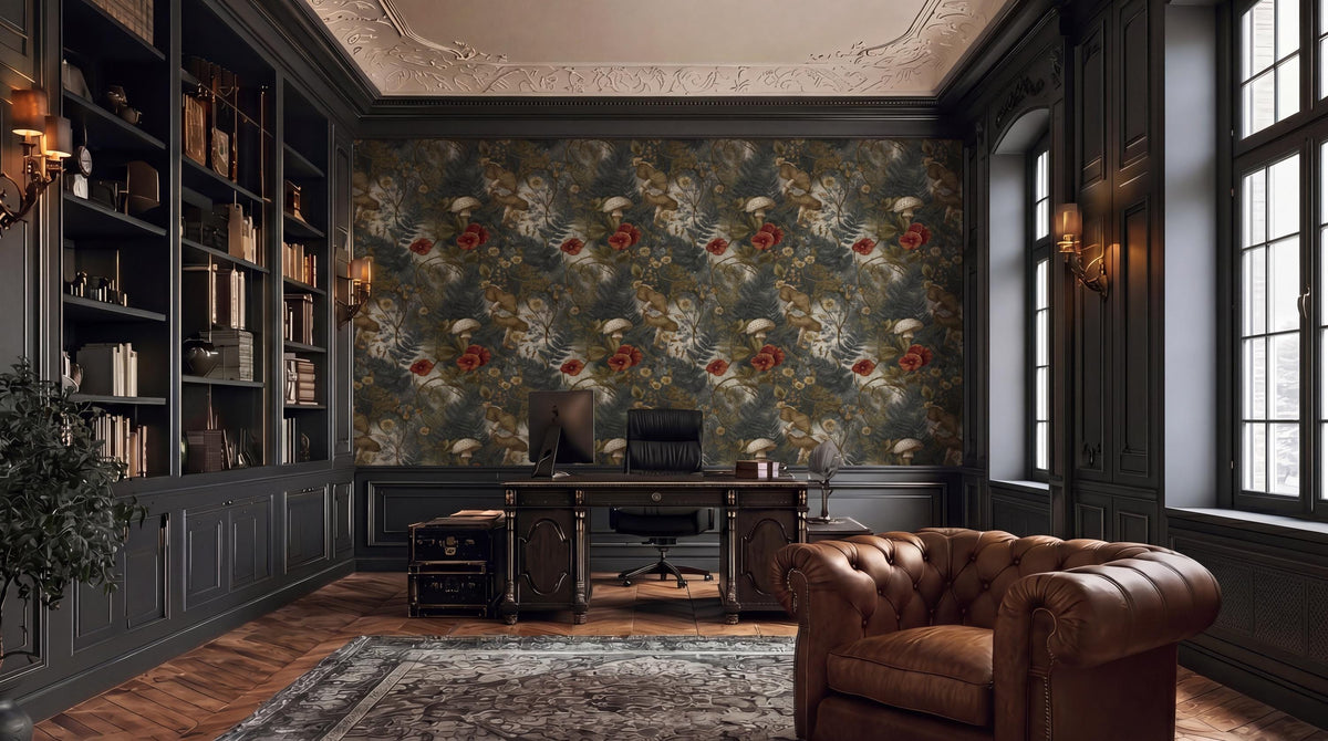 a luxurious and well-appointed home office with a large, ornate floral wallpaper covering the wall behind a desk. The room is furnished with a leather armchair, a wooden desk, and a large window that allows natural light to flood the space. The room also features built-in bookshelves and a patterned rug, creating a sophisticated and elegant atmosphere.