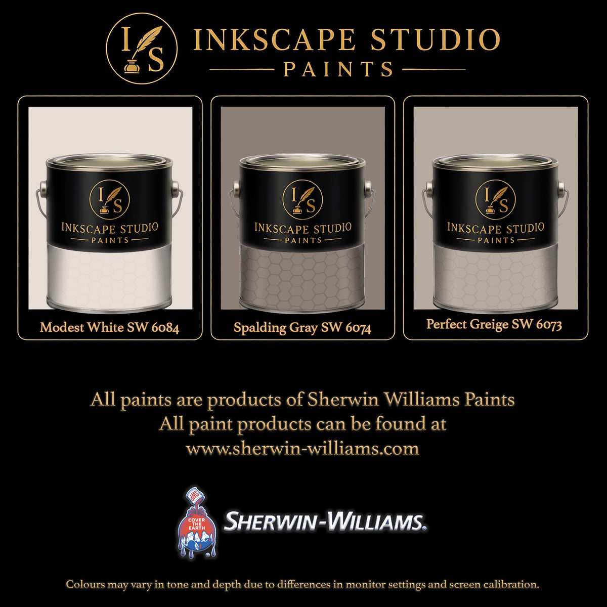 The image is an advertisement for Sherwin Williams paints, featuring three different paint cans with the company's logo.