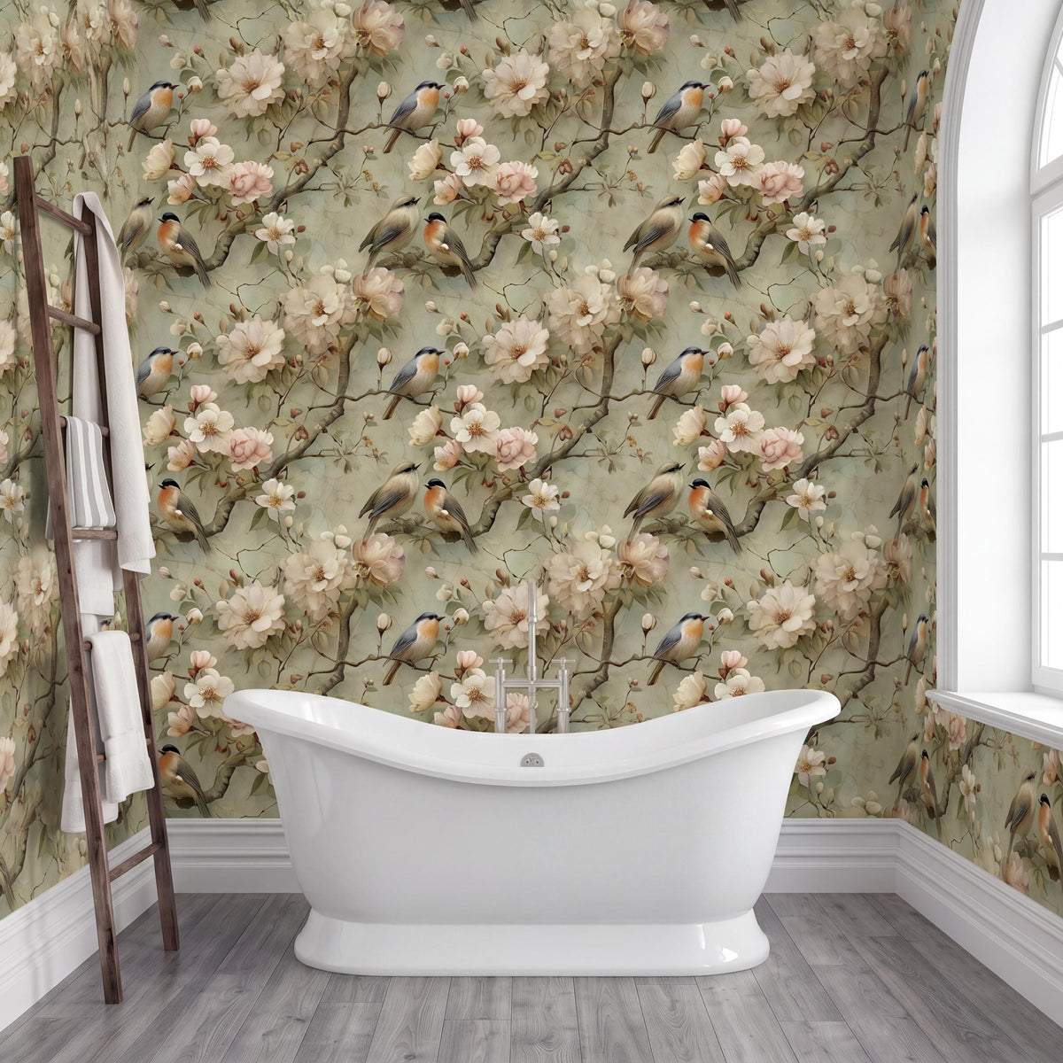 a bathroom with a white clawfoot bathtub in the center, surrounded by a floral wallpaper with birds perched on branches.