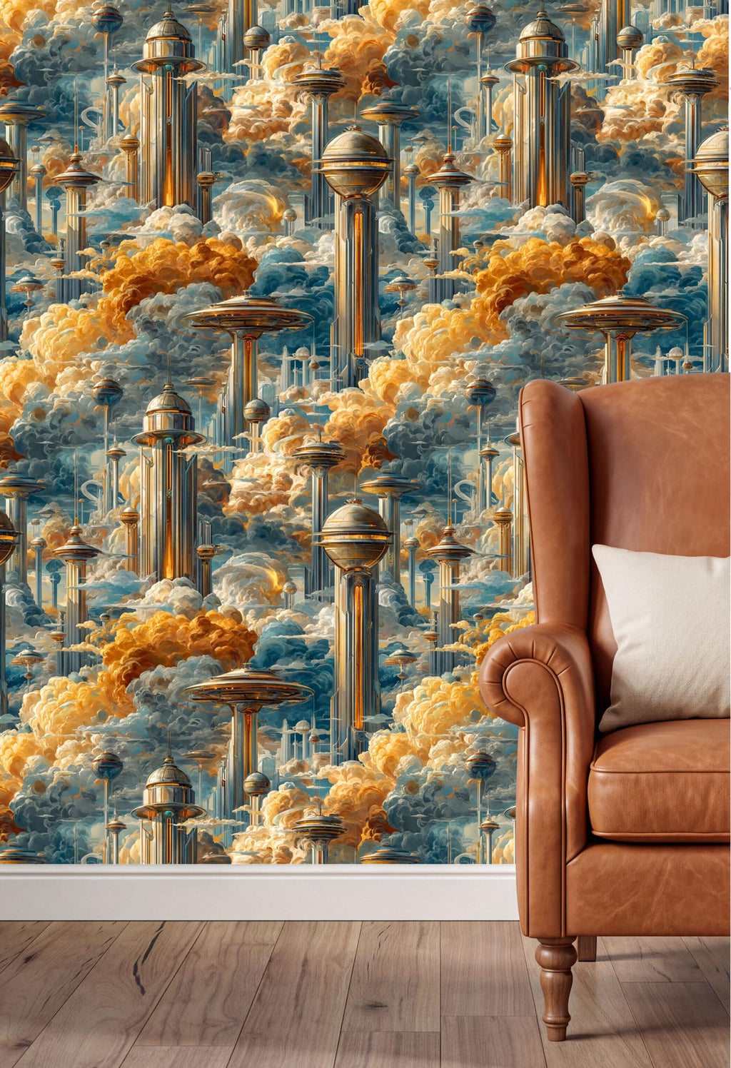 a vibrant and imaginative wallpaper design with a futuristic cityscape, including tall buildings, skyscrapers, and other architectural elements, all set against a backdrop of clouds and sky. The wallpaper is a striking combination of blue, orange, and yellow colors, creating a visually captivating and imaginative scene. The wallpaper is displayed on a wall, and a brown leather armchair can be seen in the foreground, providing a contrast to the bold and dynamic nature of the wallpaper.