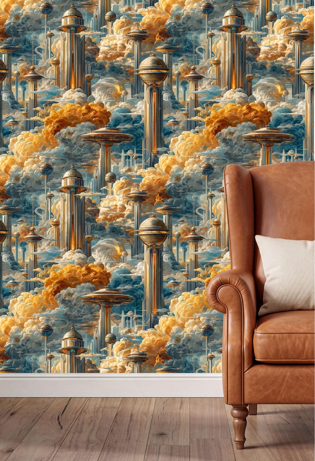 a vibrant and imaginative wallpaper design with a futuristic cityscape, including tall buildings, skyscrapers, and other architectural elements, all set against a backdrop of clouds and sky. The wallpaper is a striking combination of blue, orange, and yellow colors, creating a visually captivating and imaginative scene. The wallpaper is displayed on a wall, and a brown leather armchair can be seen in the foreground, providing a contrast to the bold and dynamic nature of the wallpaper.