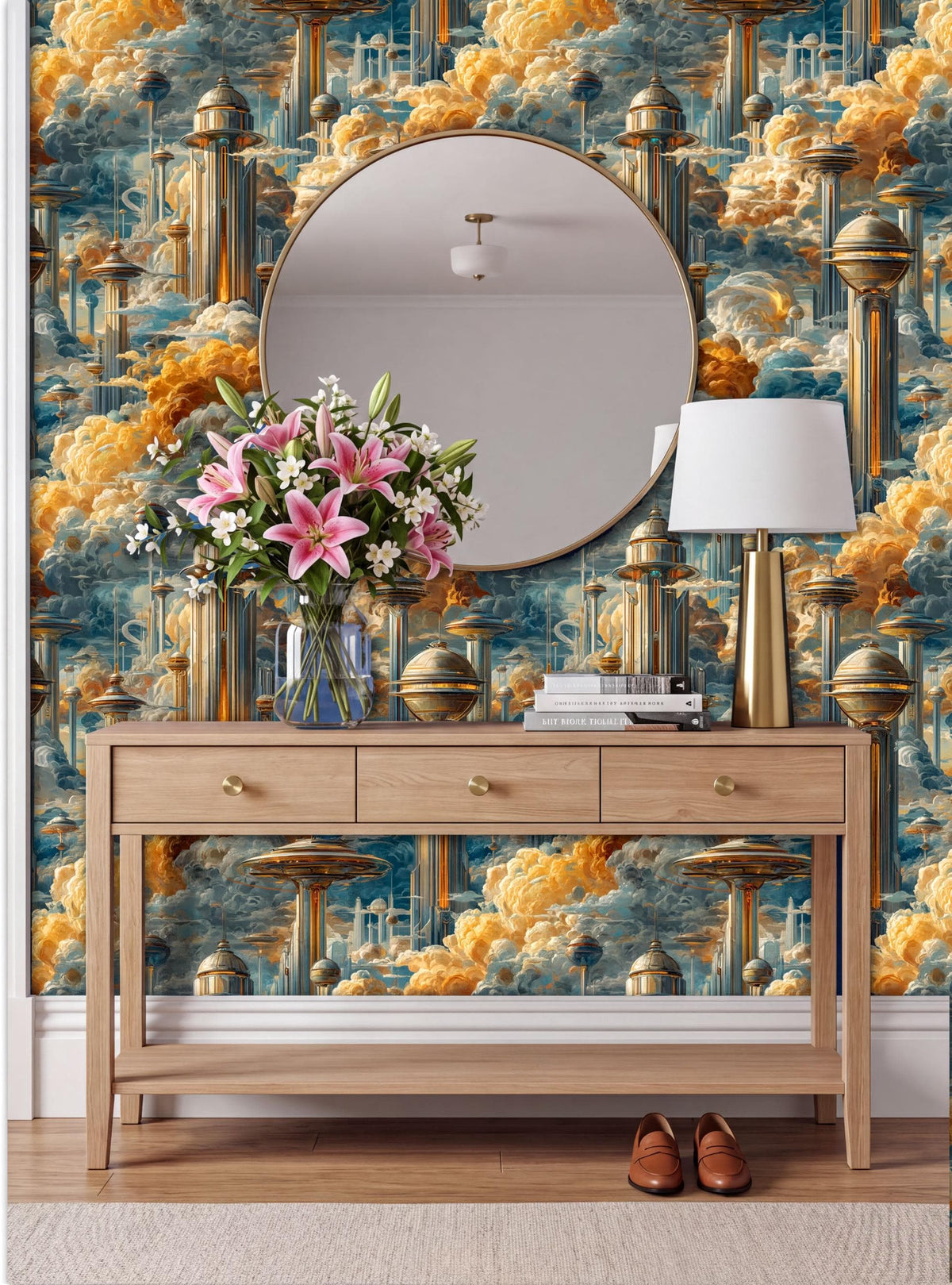 a wooden console table with a round mirror above it, a vase of pink flowers, a lamp, and a pair of brown shoes placed on the floor in front of the table. The wall behind the table has a vibrant, colorful wallpaper with a futuristic cityscape design.