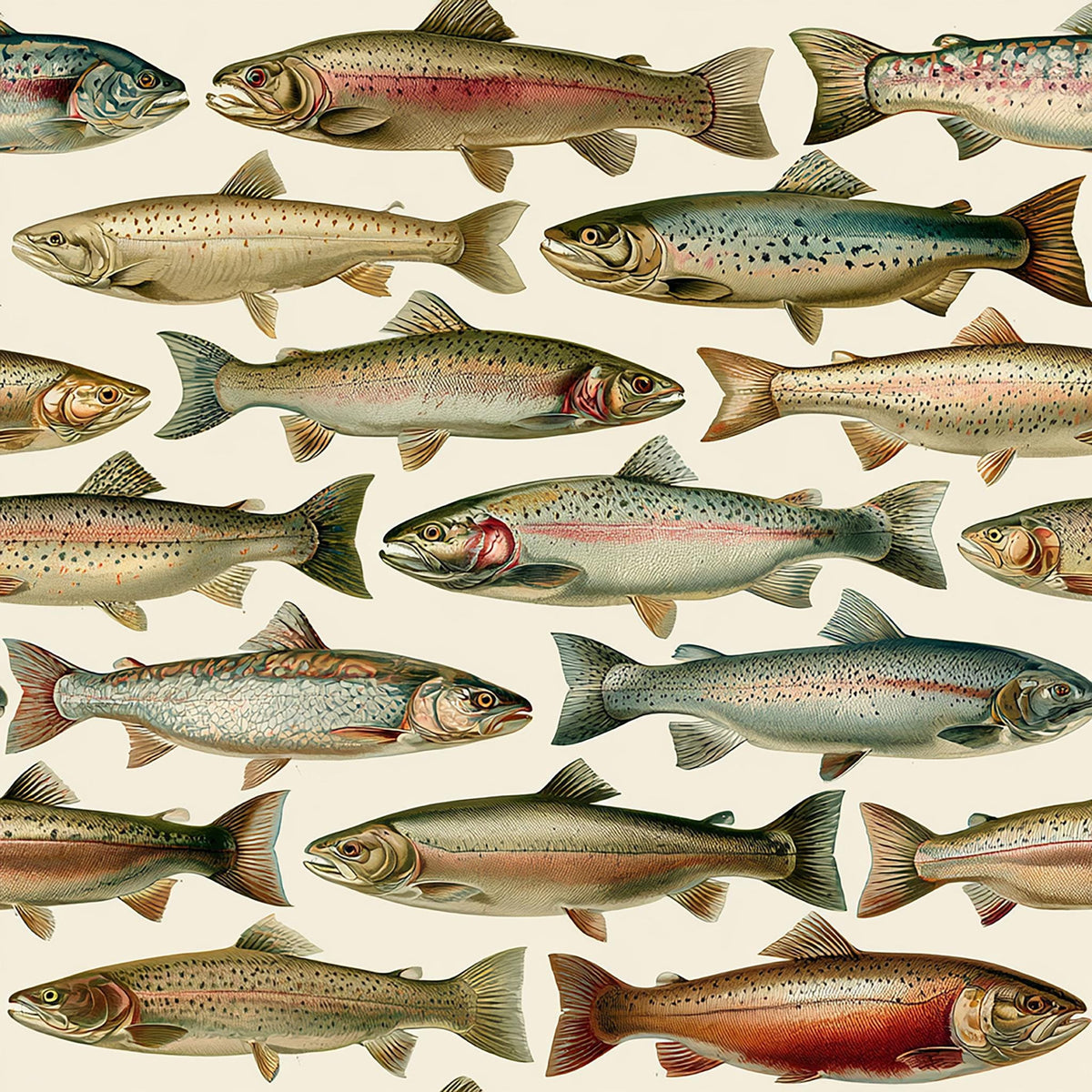 a collection of various types of fish, including salmon, trout, and other species, arranged in a grid-like pattern.