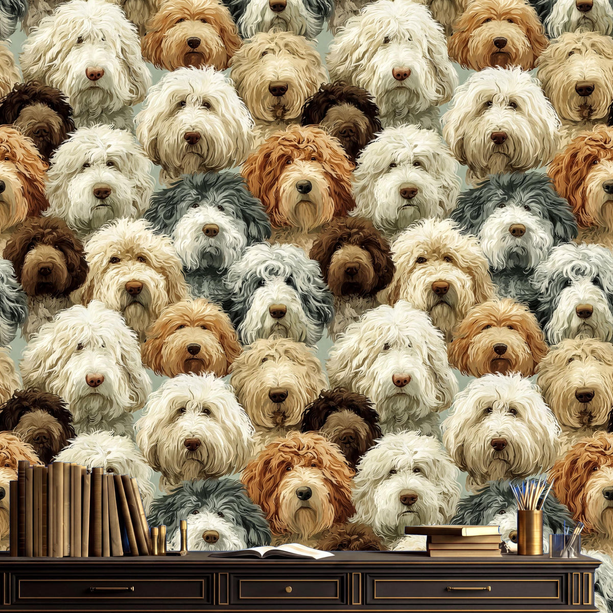 The image is a collage of various dog breeds, each with a distinct color and expression, arranged in a grid-like pattern. The collage is displayed on a wall, and there is a wooden desk with books and a vase in the foreground.