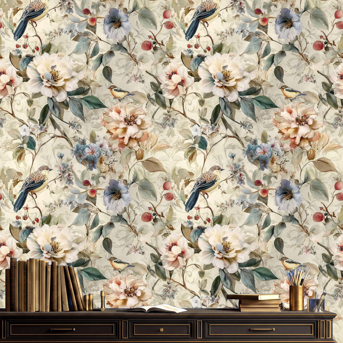 a wallpapered wall with a floral pattern, a wooden shelf with books, and a small bird perched on the shelf.