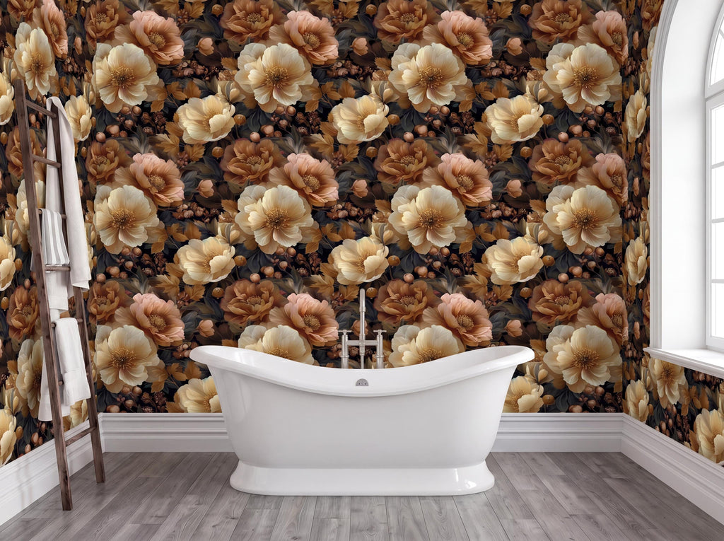 a bathroom with a white freestanding bathtub in the center, surrounded by a wall covered in a floral wallpaper pattern in shades of brown and beige.