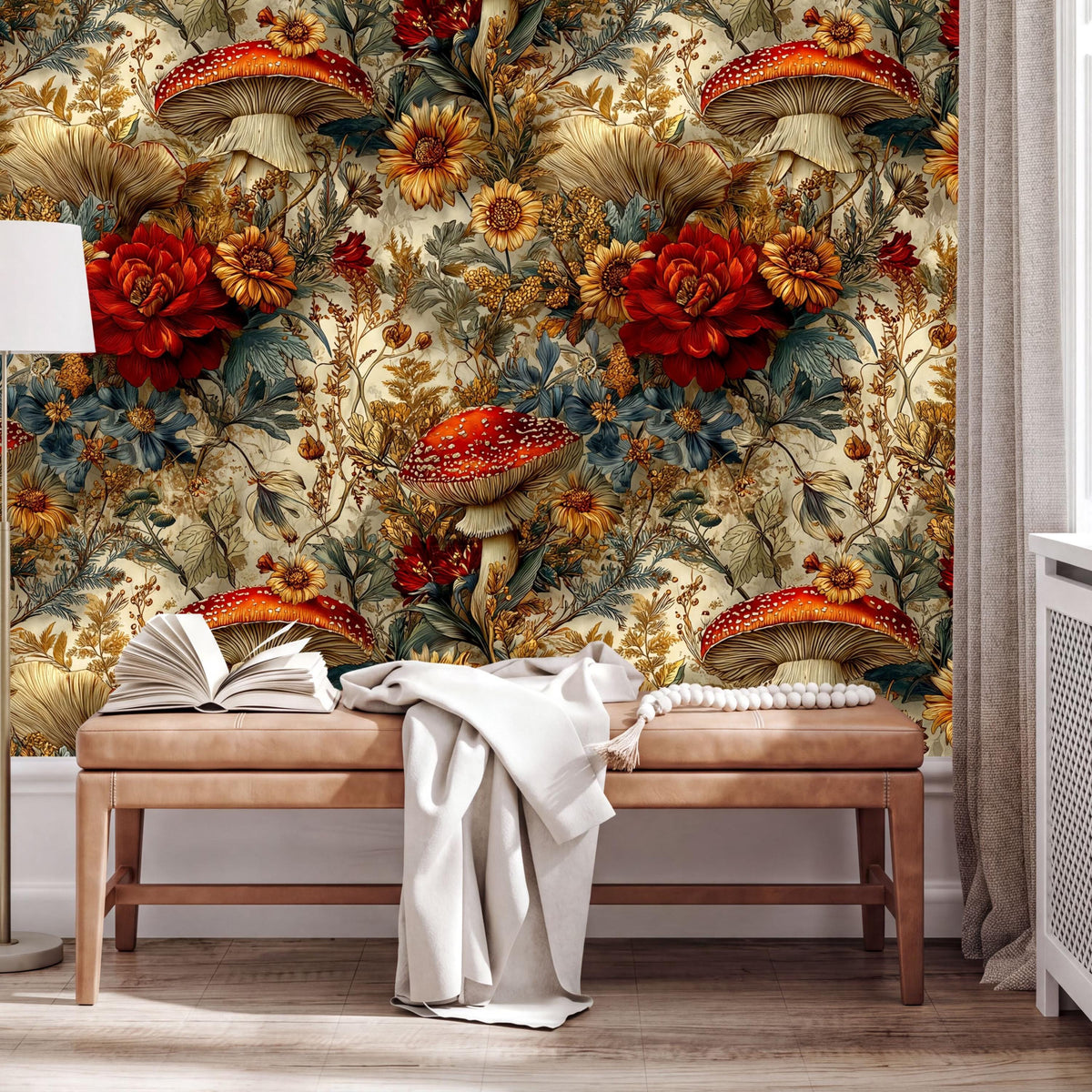 a vibrant and colorful wall mural with mushrooms, flowers, and other natural elements. In front of the mural, there is a wooden bench with an open book and a white blanket draped over it. The overall scene has a cozy and inviting atmosphere.