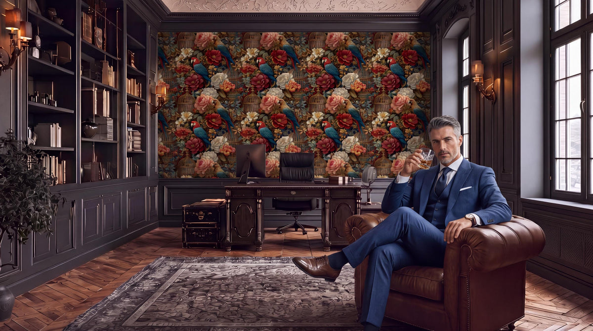 A well-dressed man sits in a leather armchair in a luxurious room with a large floral wallpaper, bookshelves, and a desk.