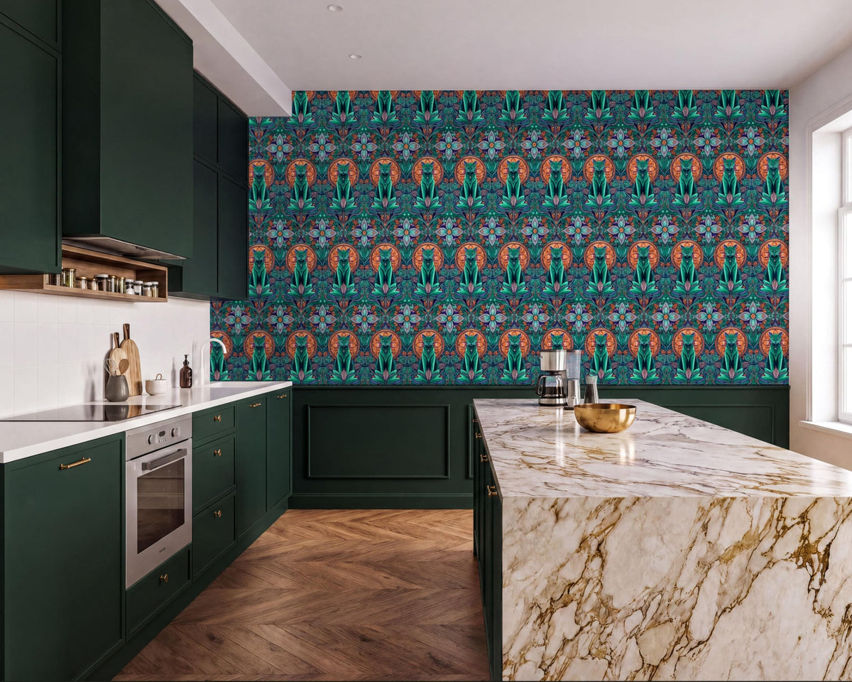 The image showcases a modern kitchen with a marble countertop and dark green cabinets. The walls are adorned with a vibrant, colorful pattern that adds a lively touch to the space. The kitchen is equipped with a stove, oven, and sink, and features a large island with a marble countertop. The overall design and color scheme create a visually appealing and stylish kitchen environment.