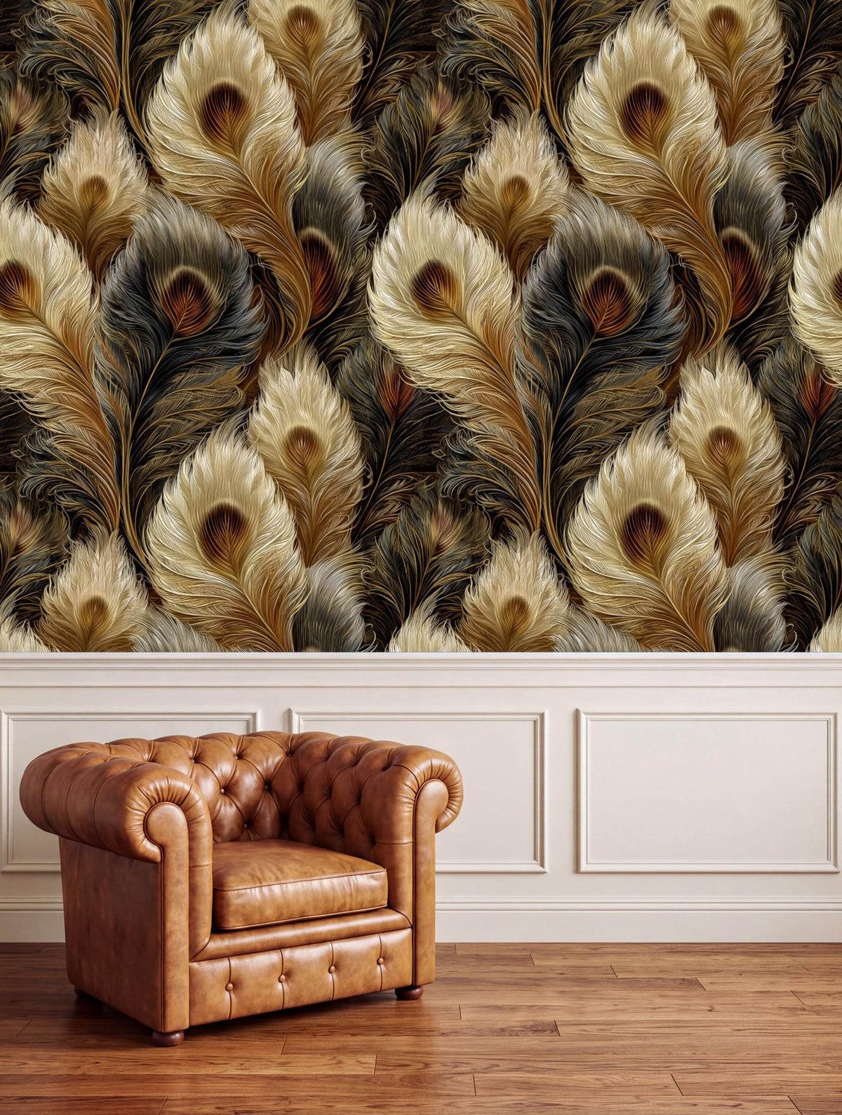 a brown leather armchair positioned in front of a wall with a repeating pattern of large, colorful feathers in shades of brown, black, and gold.