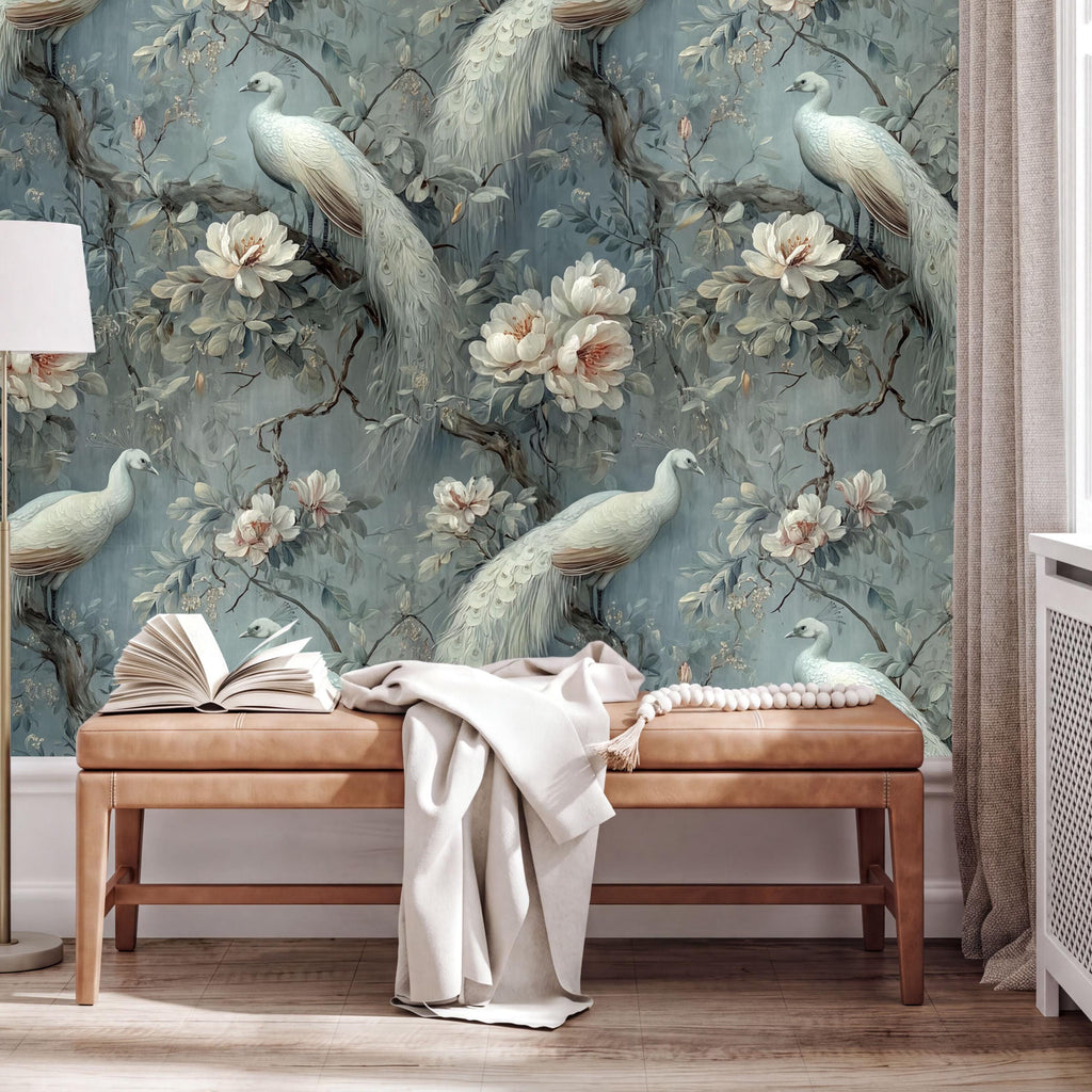 a large wallpapered wall with a floral design, including white peacocks and pink flowers. In front of the wall, there is a wooden bench with an open book and a white blanket on it.