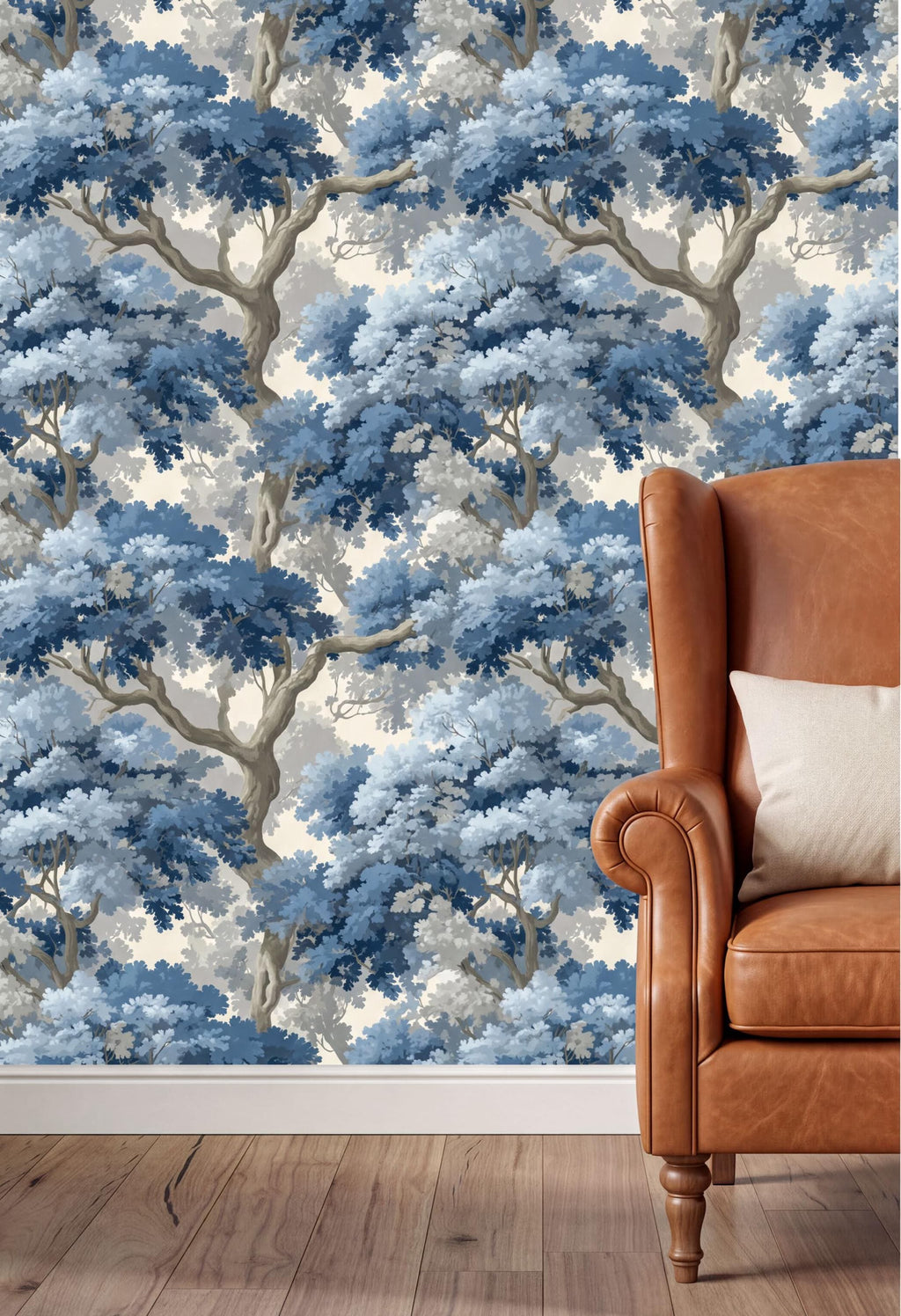a large wallpapered wall with a repeating pattern of blue and white trees, creating a serene and natural atmosphere. In the foreground, there is a brown leather armchair with a white pillow, providing a cozy and inviting seating area.