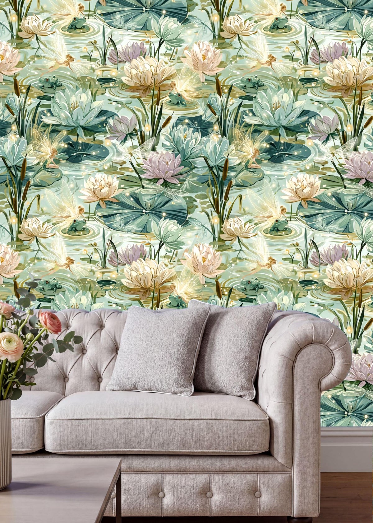 a living room with a white tufted sofa and a coffee table. The sofa is positioned against a wall with a vibrant, colorful wallpaper depicting a lush, aquatic scene with various flowers and plants.