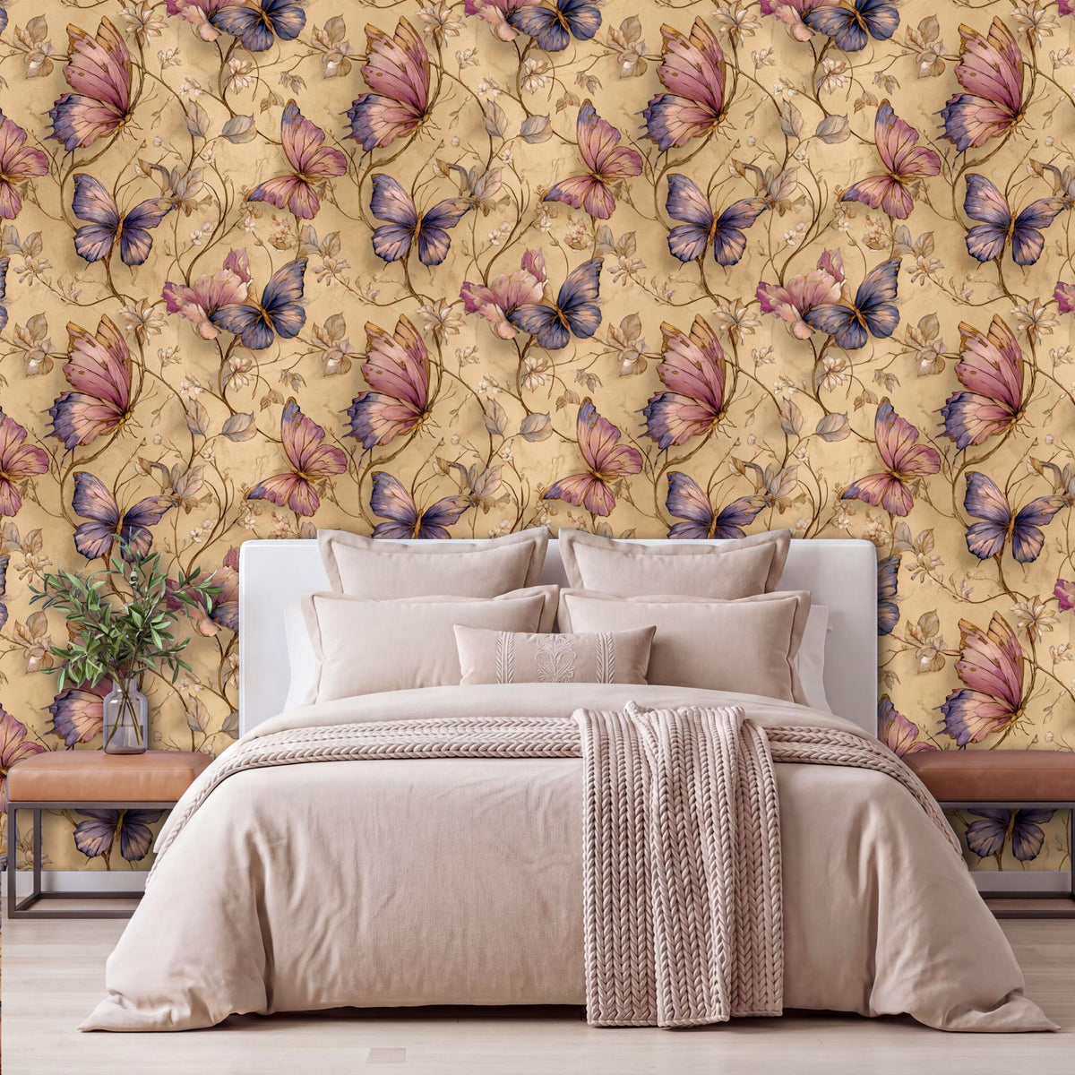 a bedroom with a large bed, a wooden nightstand, and a wallpapered wall with a floral pattern.