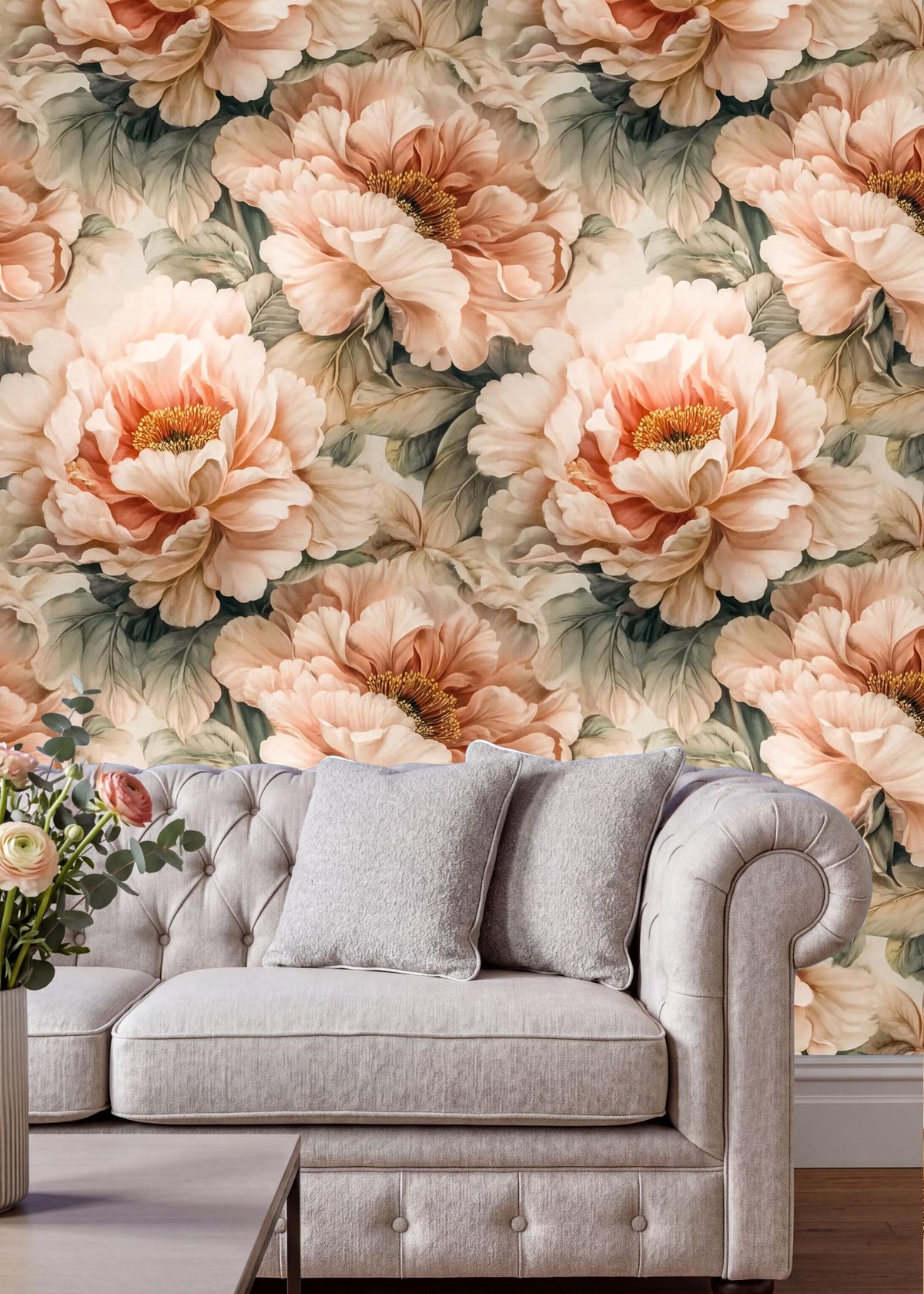 a large floral wallpaper with peach and green hues, creating a warm and inviting atmosphere. In the foreground, there is a gray tufted sofa with two matching gray pillows, and a vase of flowers on a nearby table.