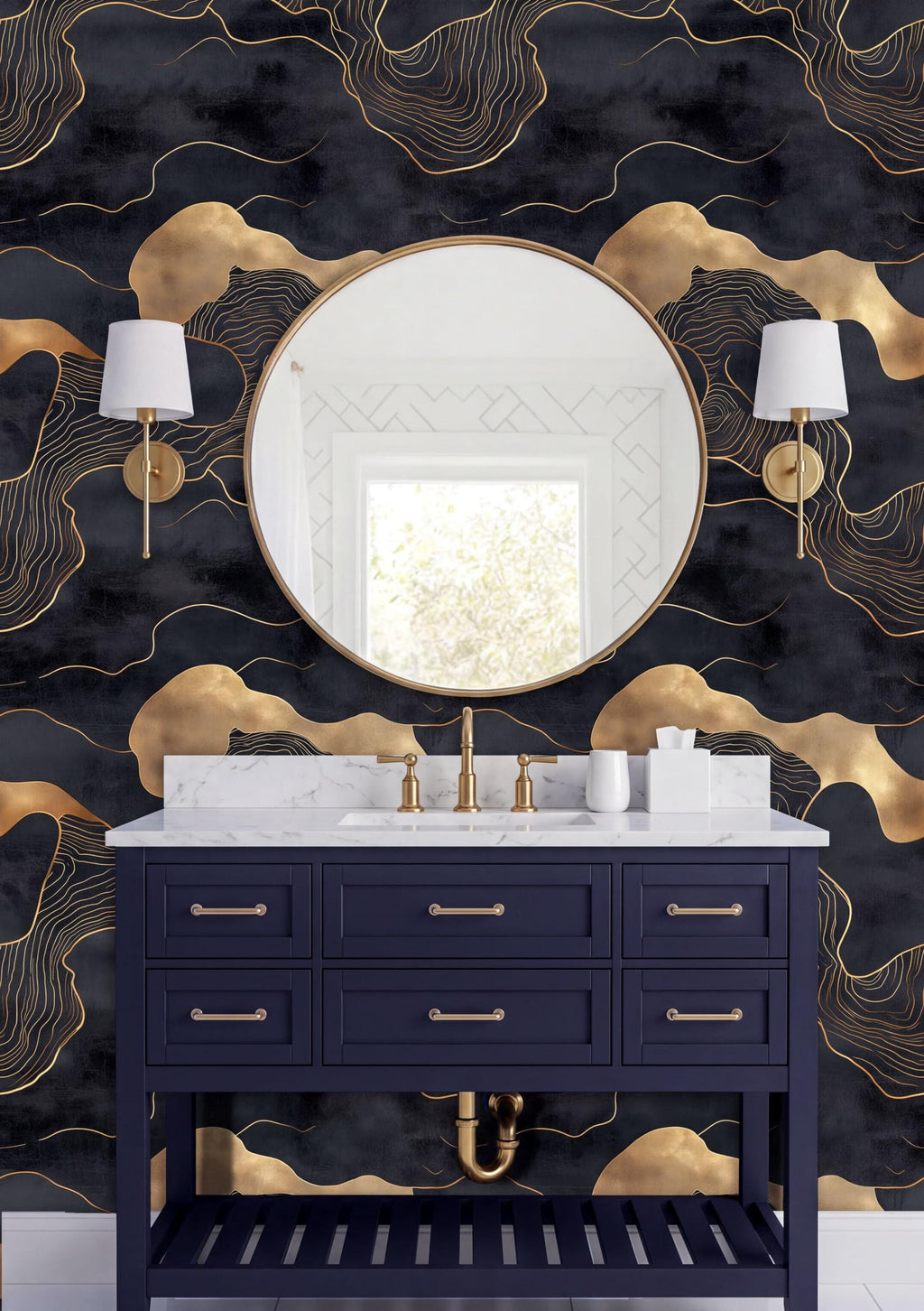 a bathroom vanity with a black and gold color scheme, including a white marble countertop, dark blue drawers, and a round mirror with gold fixtures. The vanity is set against a black and gold wallpaper with a wave-like pattern.