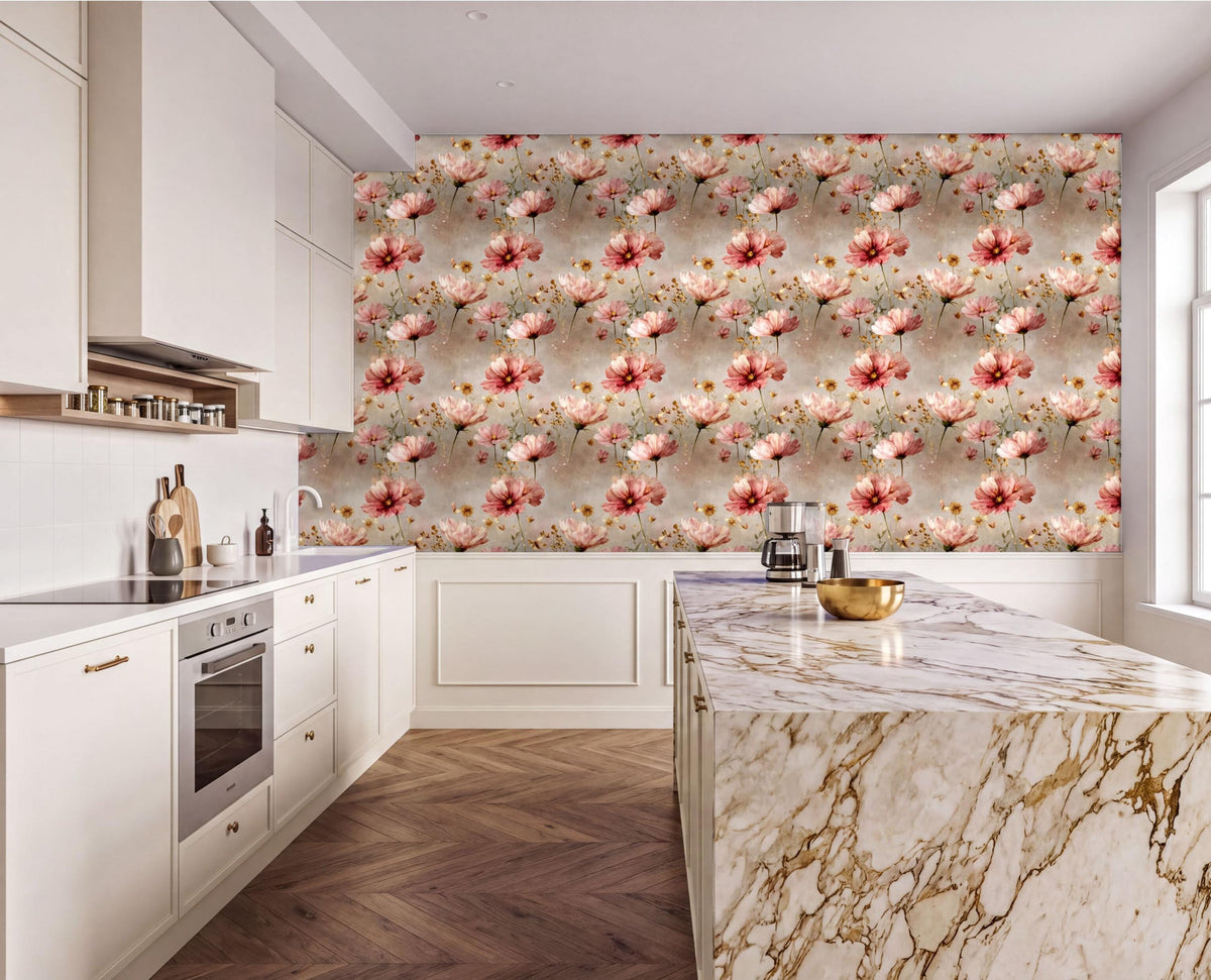a modern kitchen with a large floral wallpaper on the wall behind the marble countertop. The kitchen features white cabinets, a marble countertop, and a stainless steel oven.