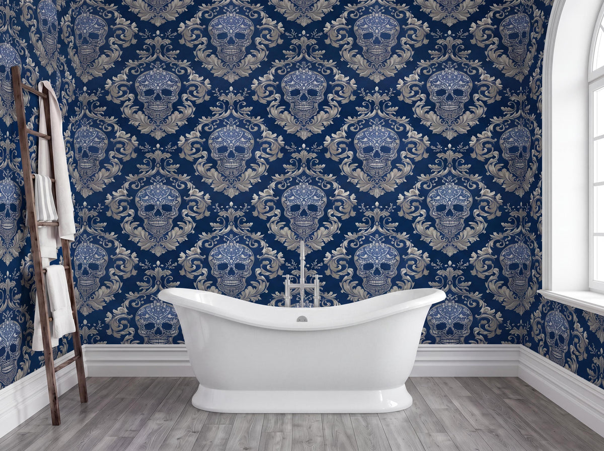 a bathroom with a white clawfoot bathtub in the center, surrounded by a blue and gold damask wallpaper with a repeating pattern of skull faces. A wooden ladder is leaning against the wall next to the bathtub.