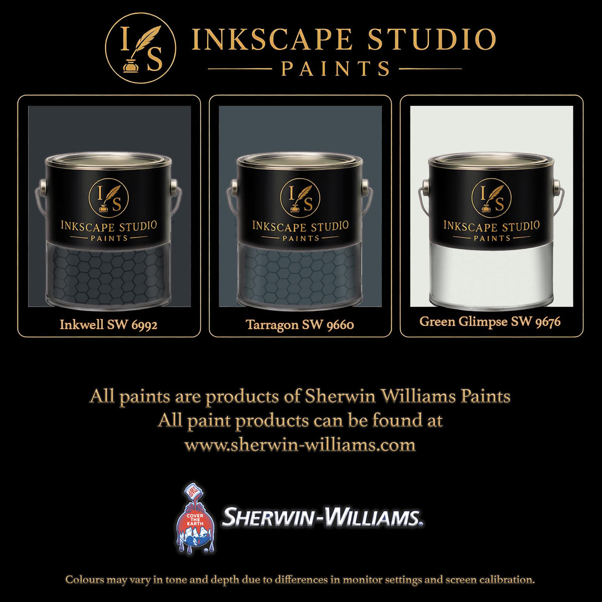 The image is an advertisement for Sherwin Williams paints, featuring three different paint color samples from the Inkscape Studio.