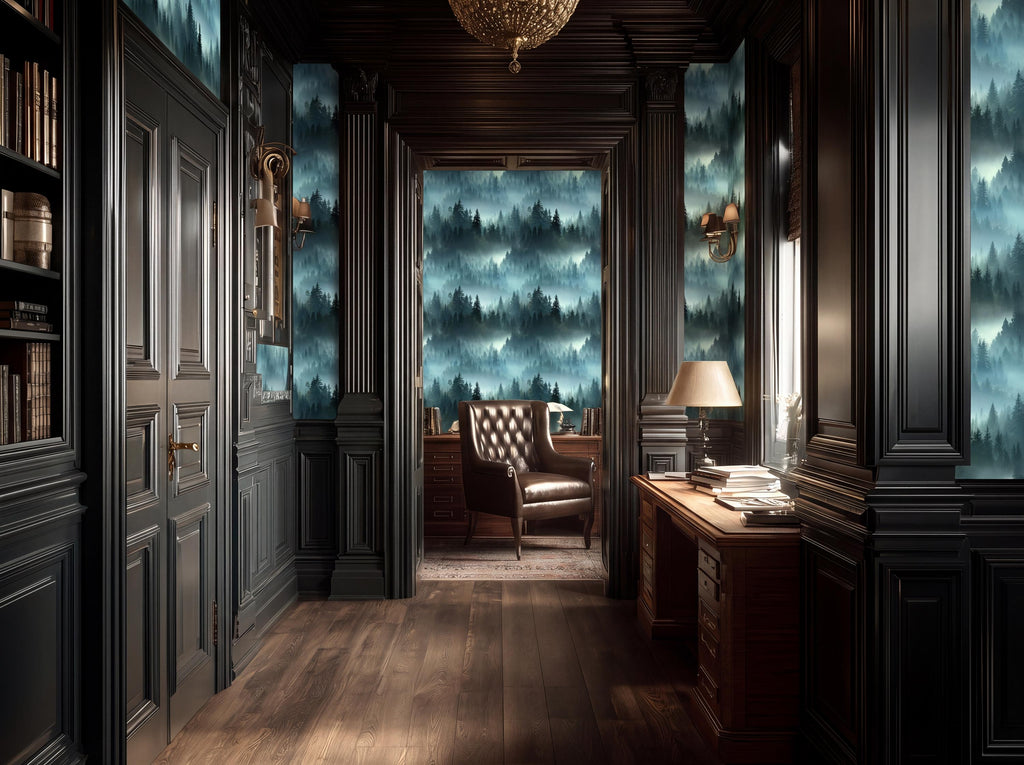 a luxurious and elegant room with dark wood paneling, a large window with a view of a forest, and a leather armchair. The room has a warm and inviting atmosphere, with a chandelier hanging from the ceiling and a lamp on a side table.
