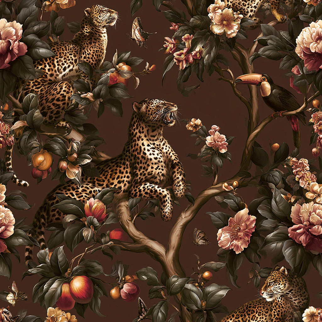 The image is a detailed illustration of a leopard surrounded by various flora and fauna, including flowers, leaves, and fruit.