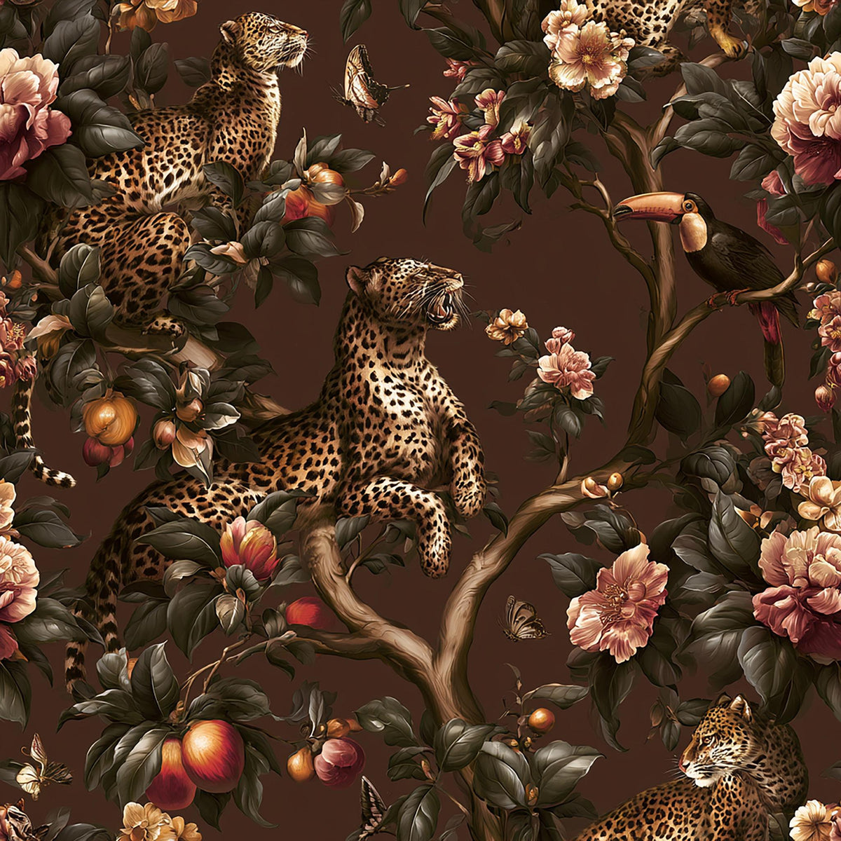 The image is a detailed illustration of a leopard surrounded by various flora and fauna, including flowers, leaves, and fruit.