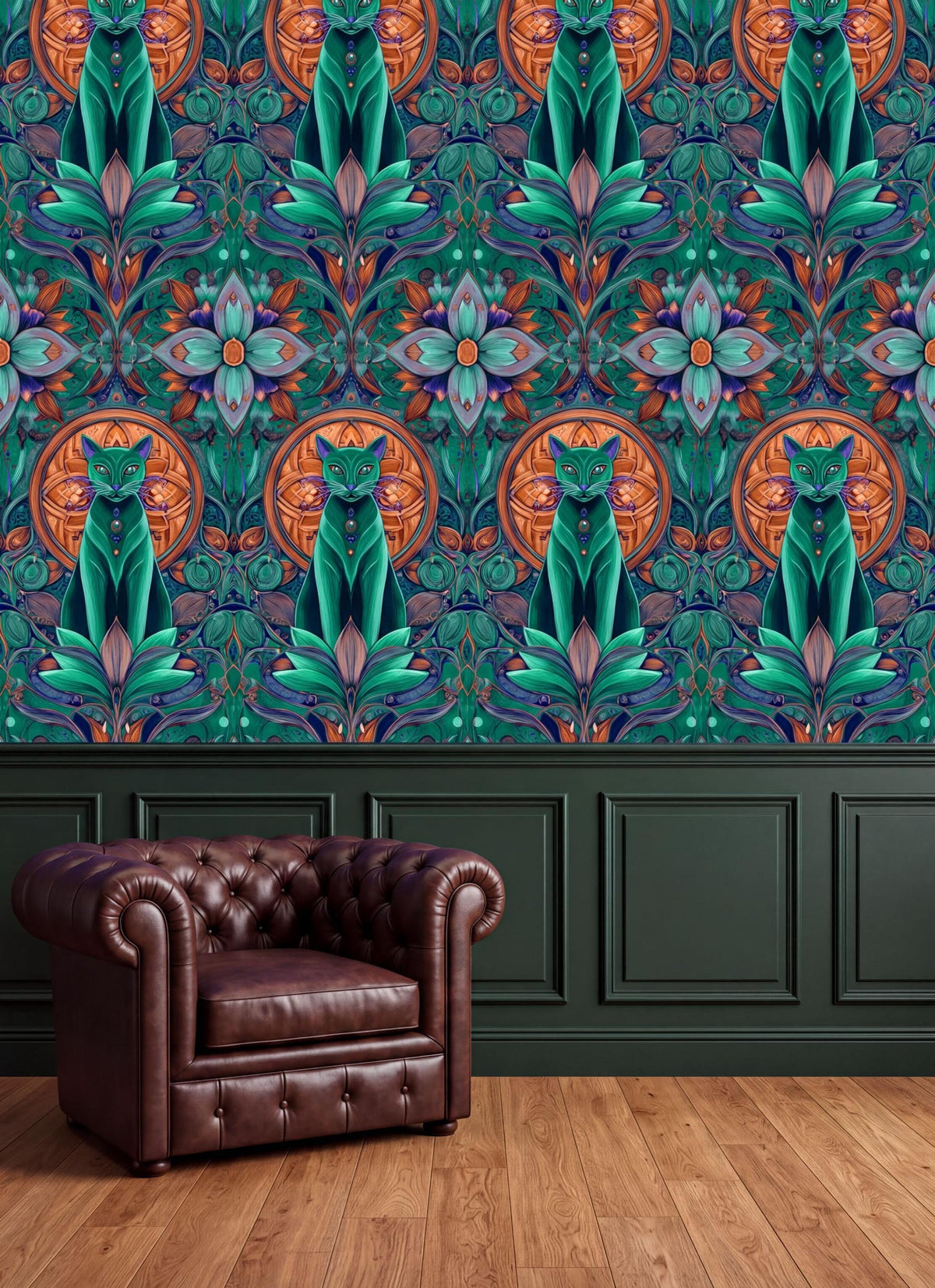 a vibrant, colorful wallpaper with a repeating pattern of cats and flowers in shades of green, orange, and purple. The wallpaper is displayed on a wall above a brown leather armchair, creating a striking contrast between the bold, eye-catching design and the more subdued, classic furniture.