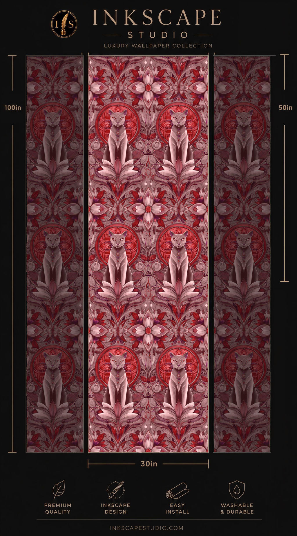 The image is a collage of three panels, each featuring a repeating pattern of pink and red floral designs. The panels are arranged in a vertical format, with the largest panel at the top and the smallest at the bottom. The image does not contain any text, and the focus is on the visual elements of the pattern.