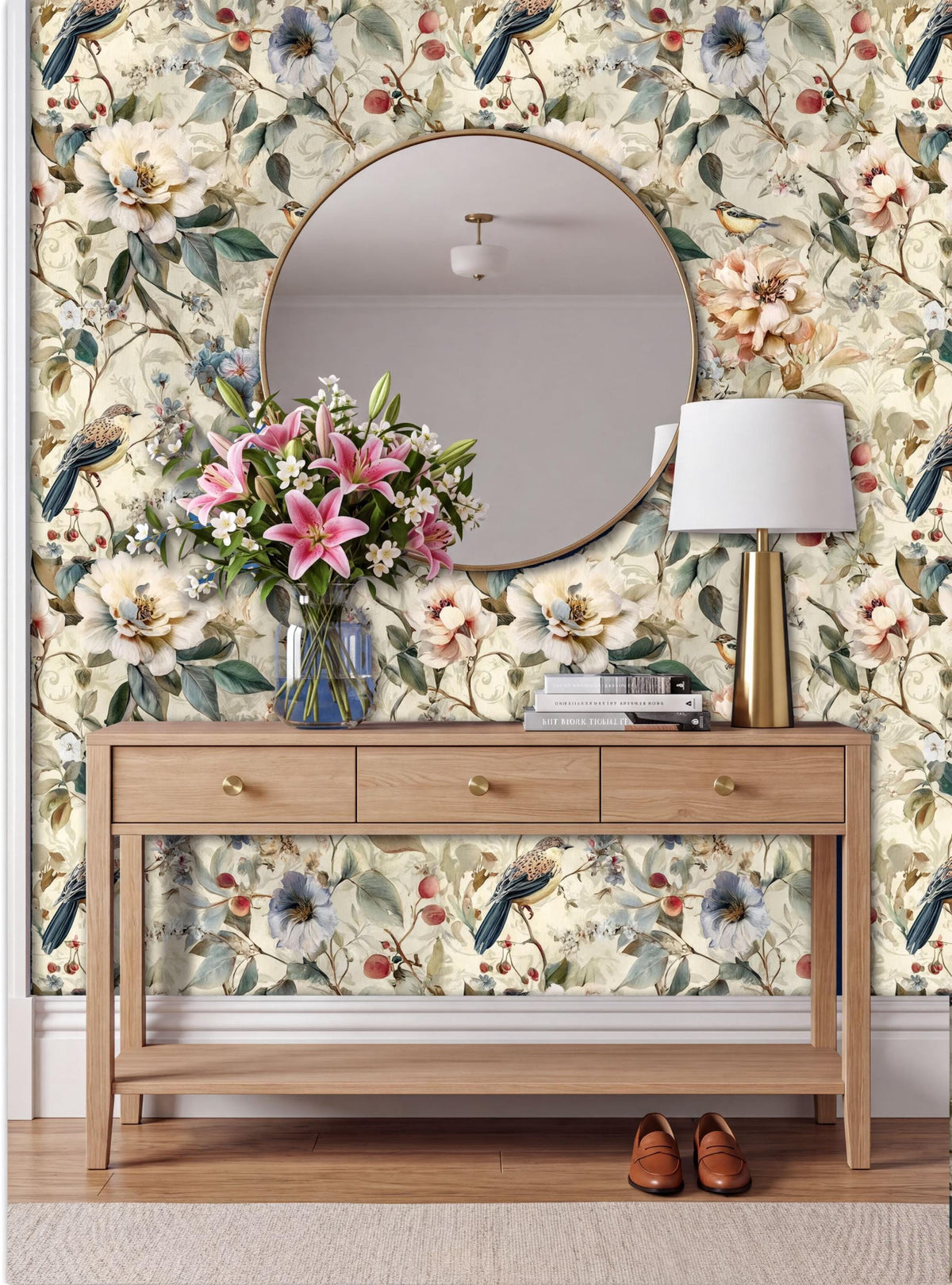 a wooden console table with a round mirror above it, set against a floral wallpaper. The table has a vase of pink flowers and a lamp on it. The wall behind the table has a large floral pattern. There are also some books and a pair of shoes placed on the table.