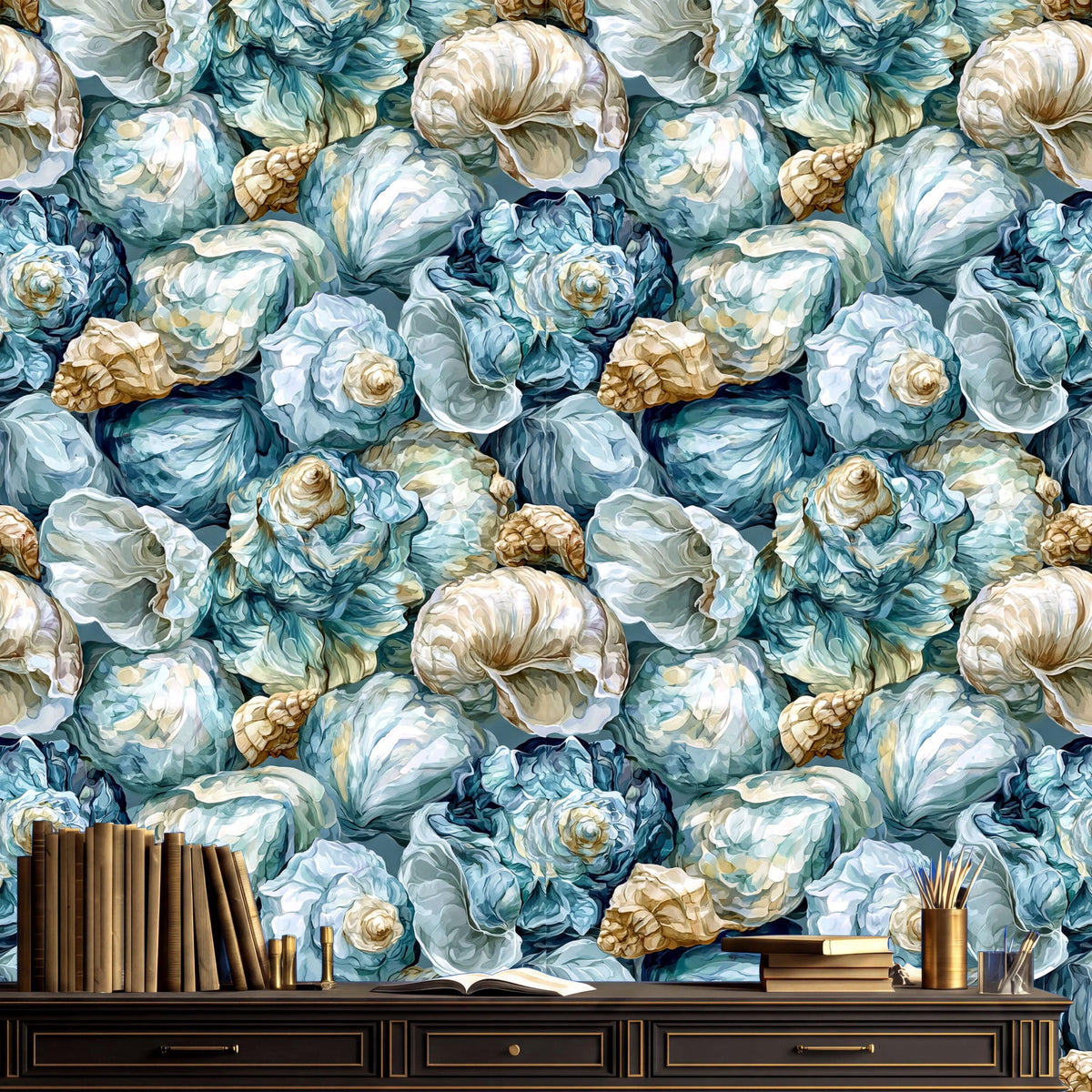 a wallpapered wall with a repeating pattern of blue and white seashells, creating a serene and coastal atmosphere. In the foreground, there is a wooden shelf with several books and a small vase.