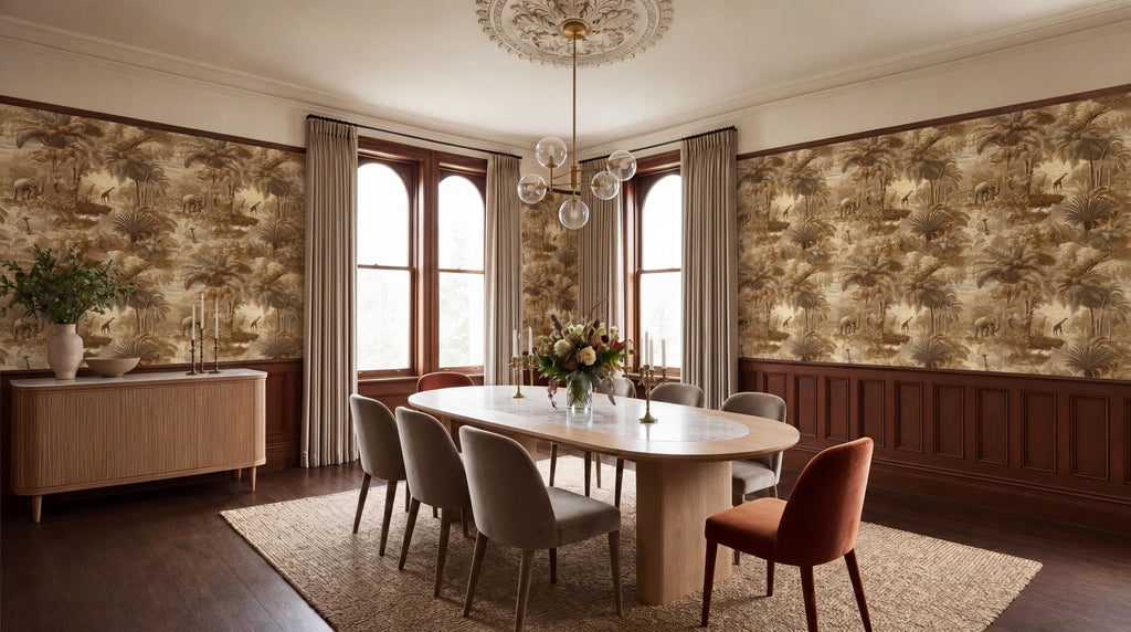 a spacious and elegantly decorated dining room with a large wooden table surrounded by plush chairs. The room features a chandelier, a large window with curtains, and a wooden cabinet. The walls are adorned with a patterned wallpaper, and the overall color scheme is neutral, with a touch of gold accents.